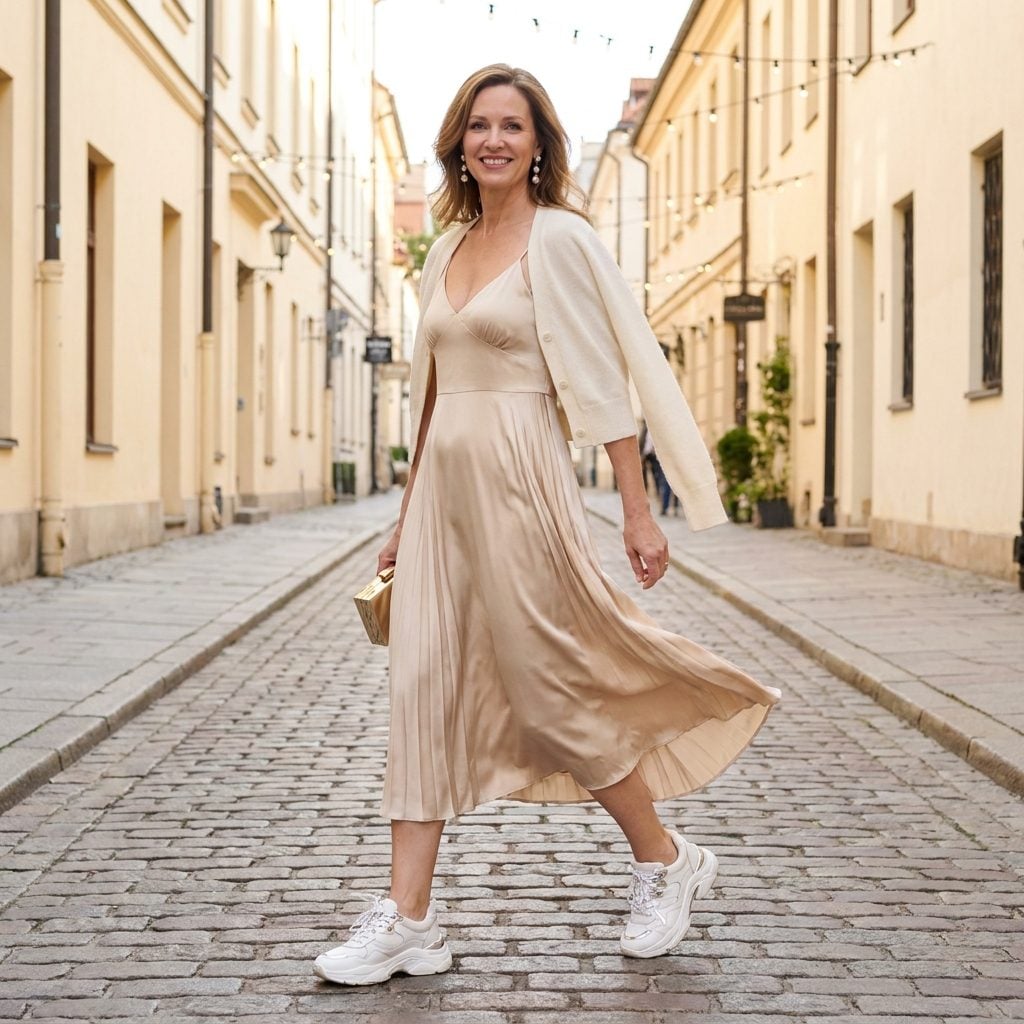 Woman in a champagne pleated satin slip dress with oversized chunky white dad sneakers.