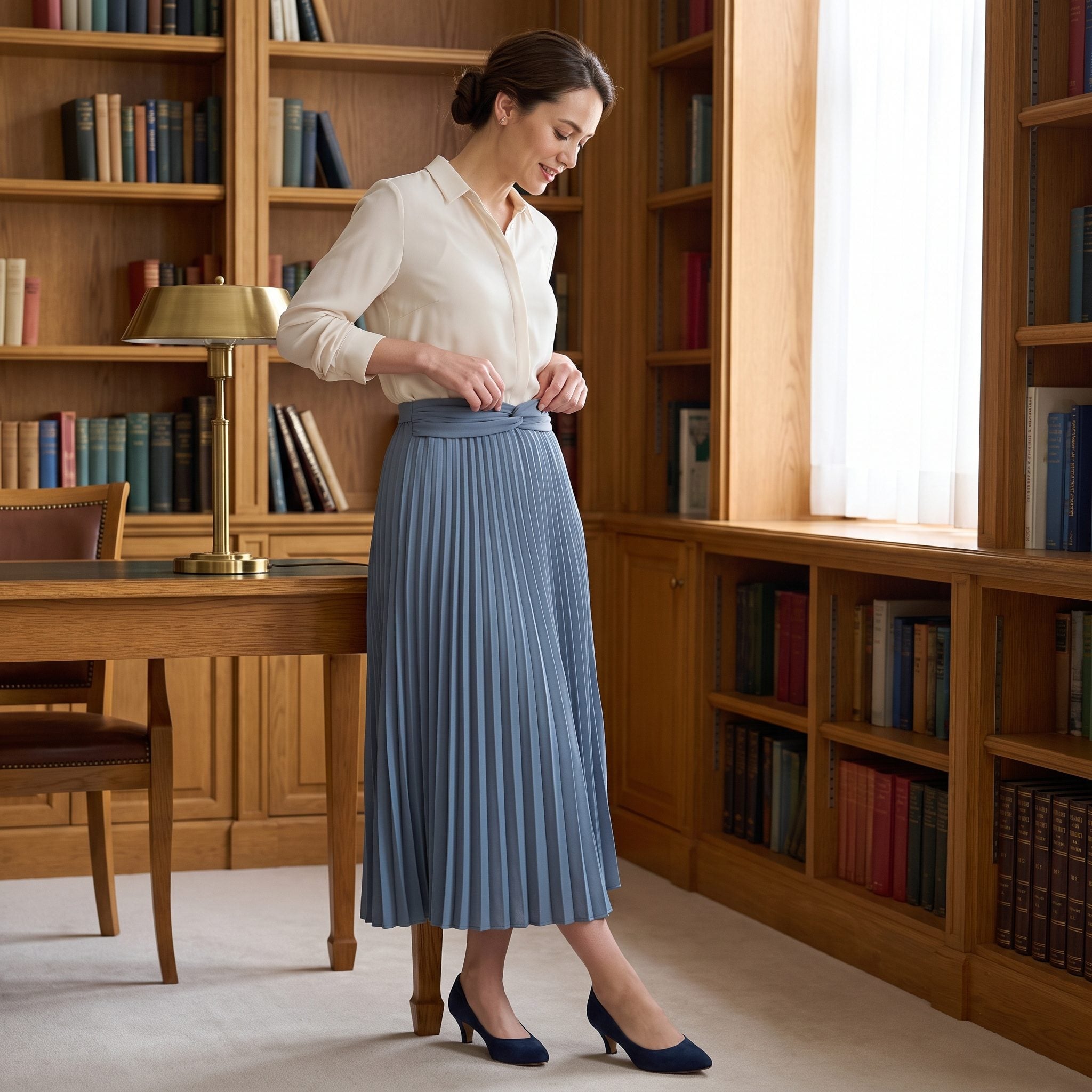 Pleated Skirt With a Waistband That Rolls and Twists