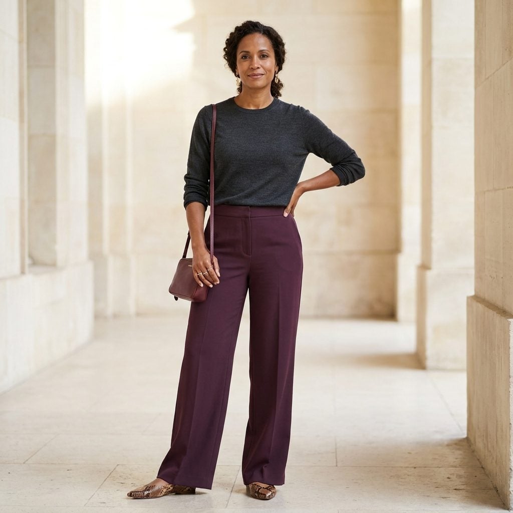 Plum Wide-Leg Trousers + Snakeskin-Print Pointed Flats