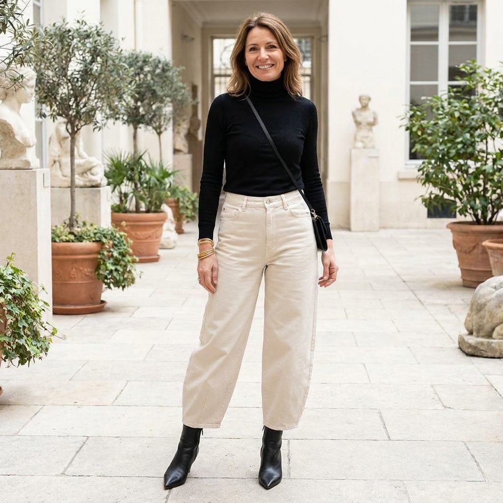 Woman in wide ecru cropped jeans and a black turtleneck with sharply pointed ankle boots beneath the wide hem.