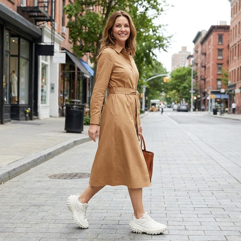 Woman in an olive belted shirtdress with white trail-running sneakers with aggressive lug soles.