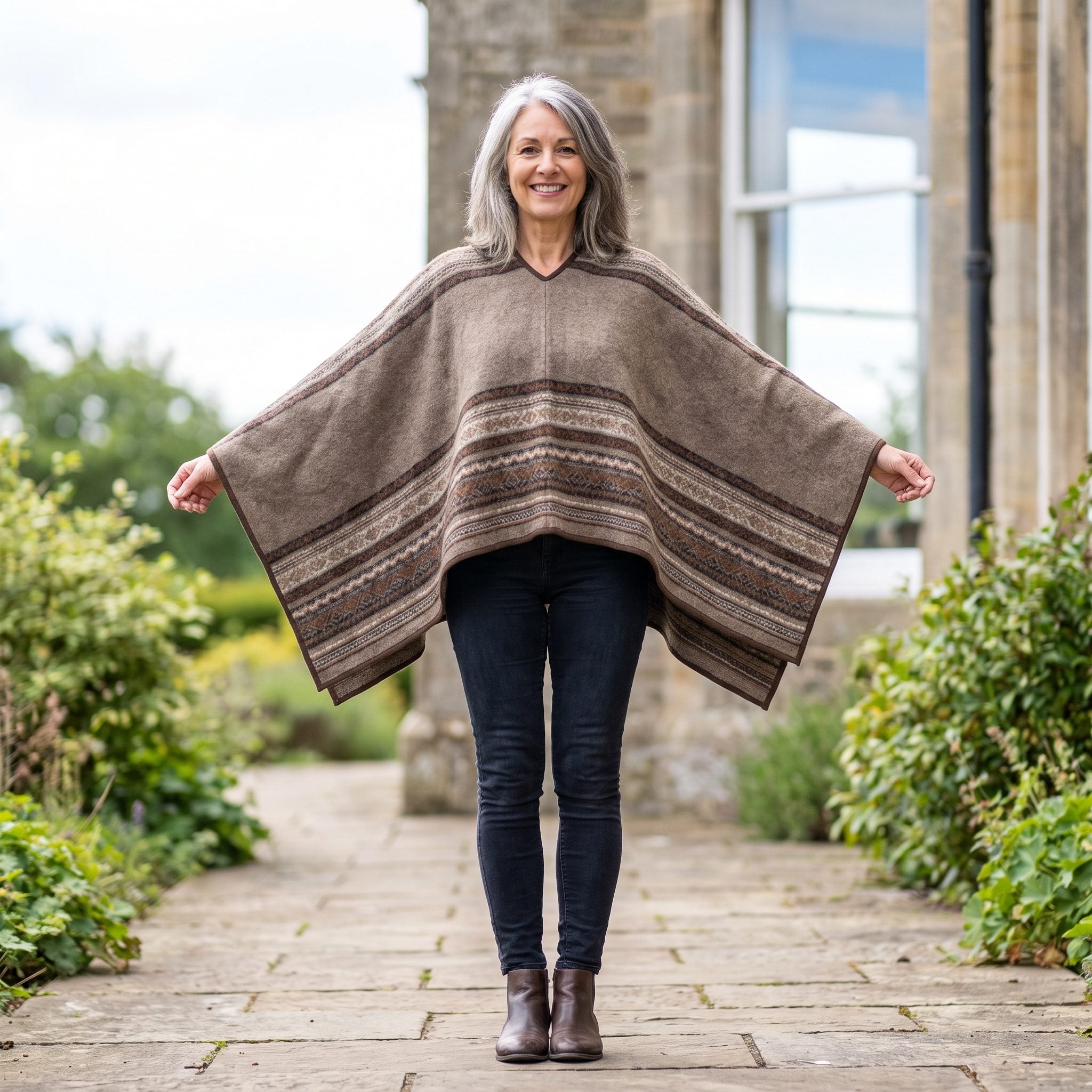 Woman in charcoal skinny jeans and a wide camel poncho knit that spreads broadly across the upper body with no waist