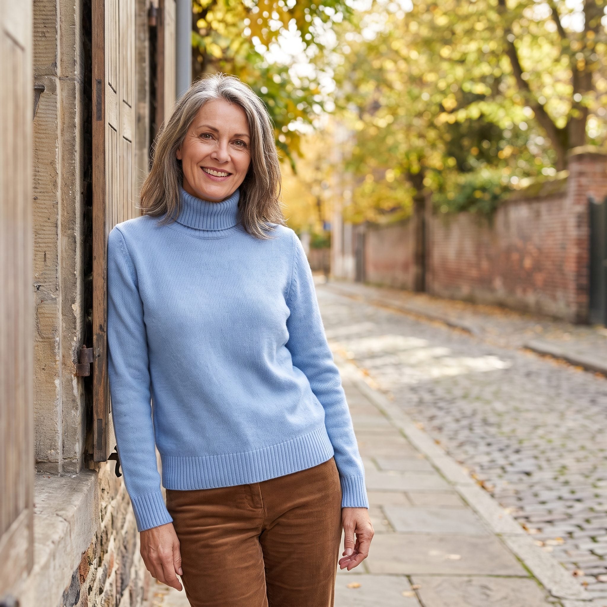 Powder-Blue Turtleneck With Chocolate Corduroy