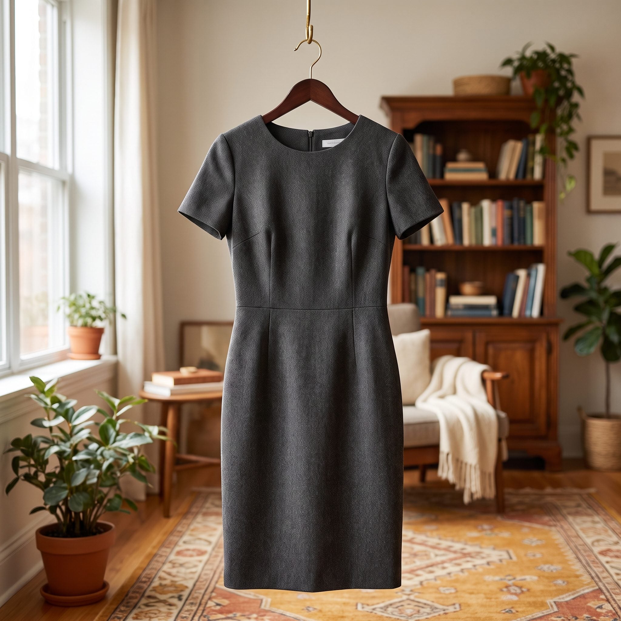 Charcoal tailored sheath dress with a conservative neckline and fitted waist