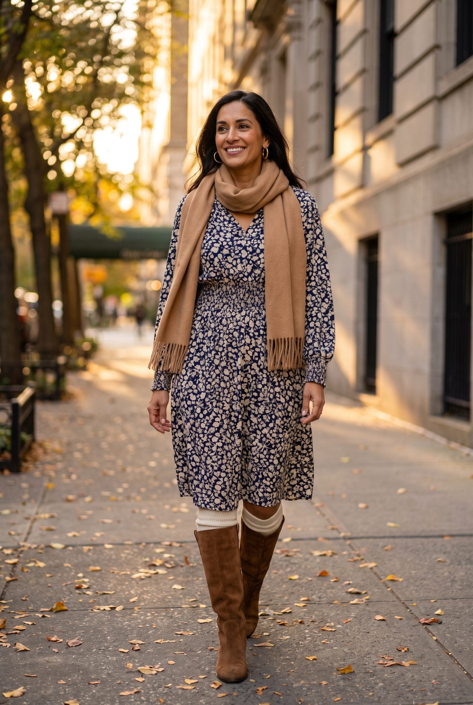 Woman in a floral midi and brown suede boots with cream socks cuffed over the boot tops.