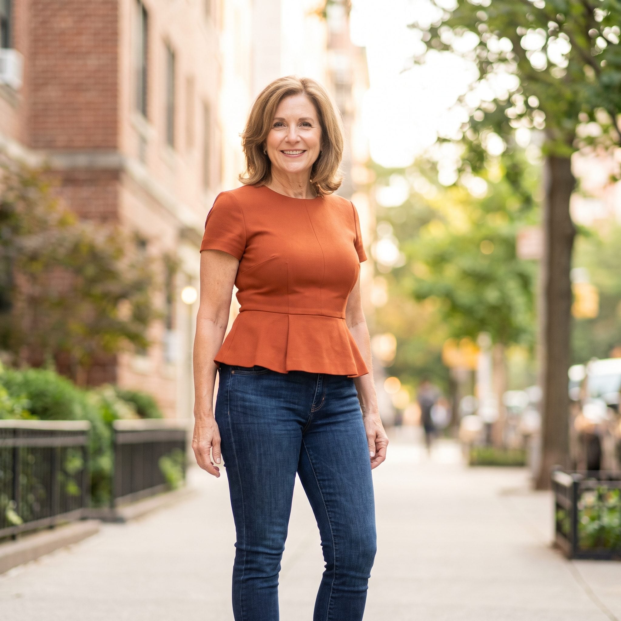 Woman in dark-wash skinny jeans and a fitted emerald peplum top with a pronounced flared ruffle around the hips.