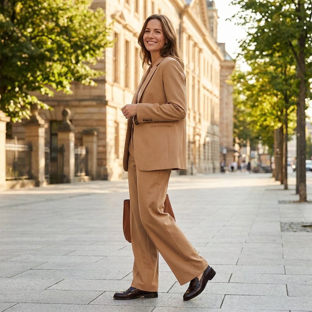 Woman in navy wide-leg wool trousers hemmed for flats, cream sweater, and burgundy penny loafers standing in a marble hotel
