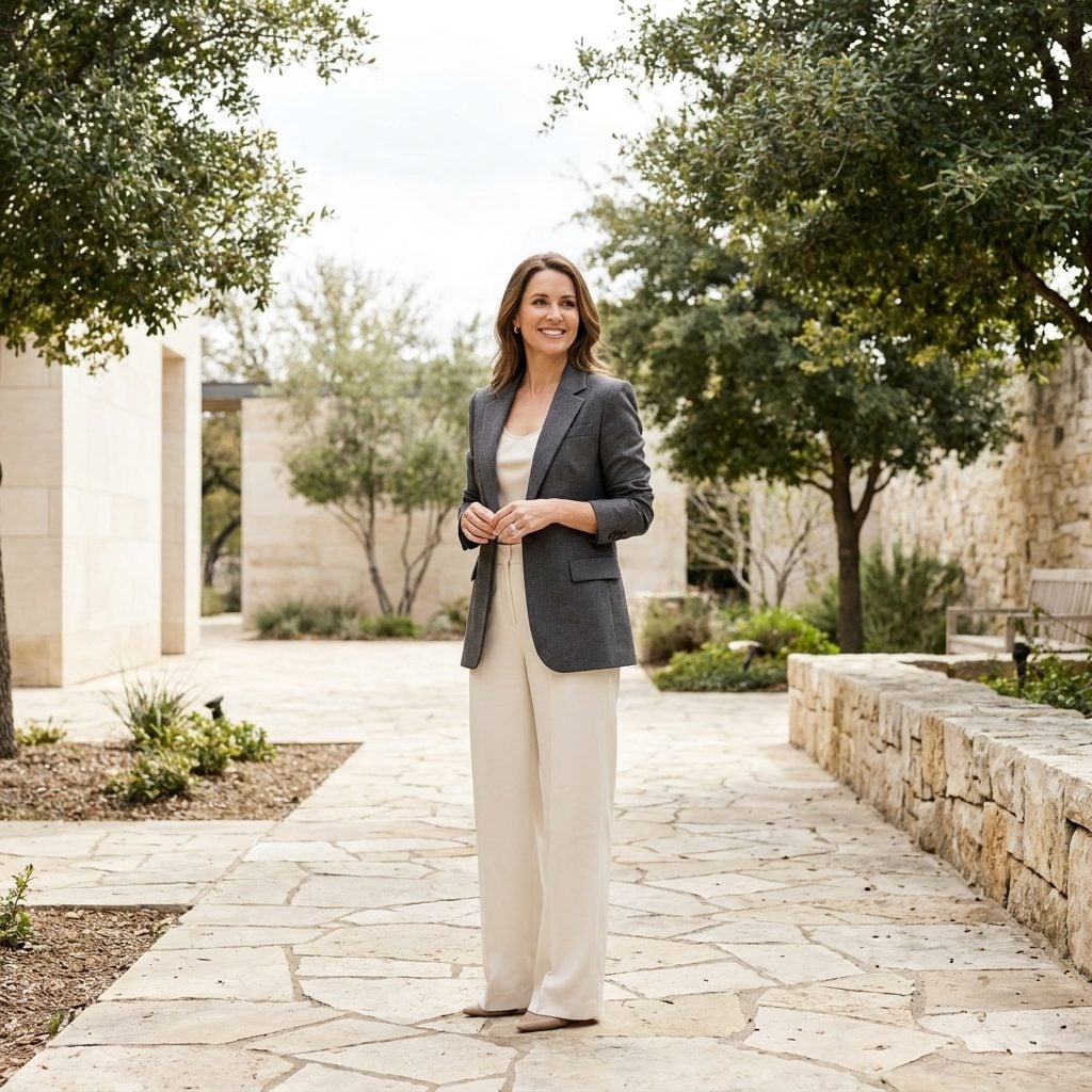 Woman aged 50 smiling outdoors on a sidewalk in a white button-down shirt and navy trousers.