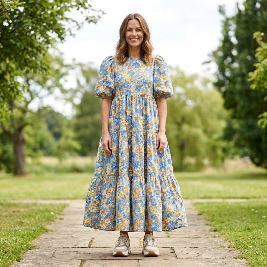 Woman in a puff-sleeve floral midi dress with chunky white retro trainers, volume at both sleeves and feet.