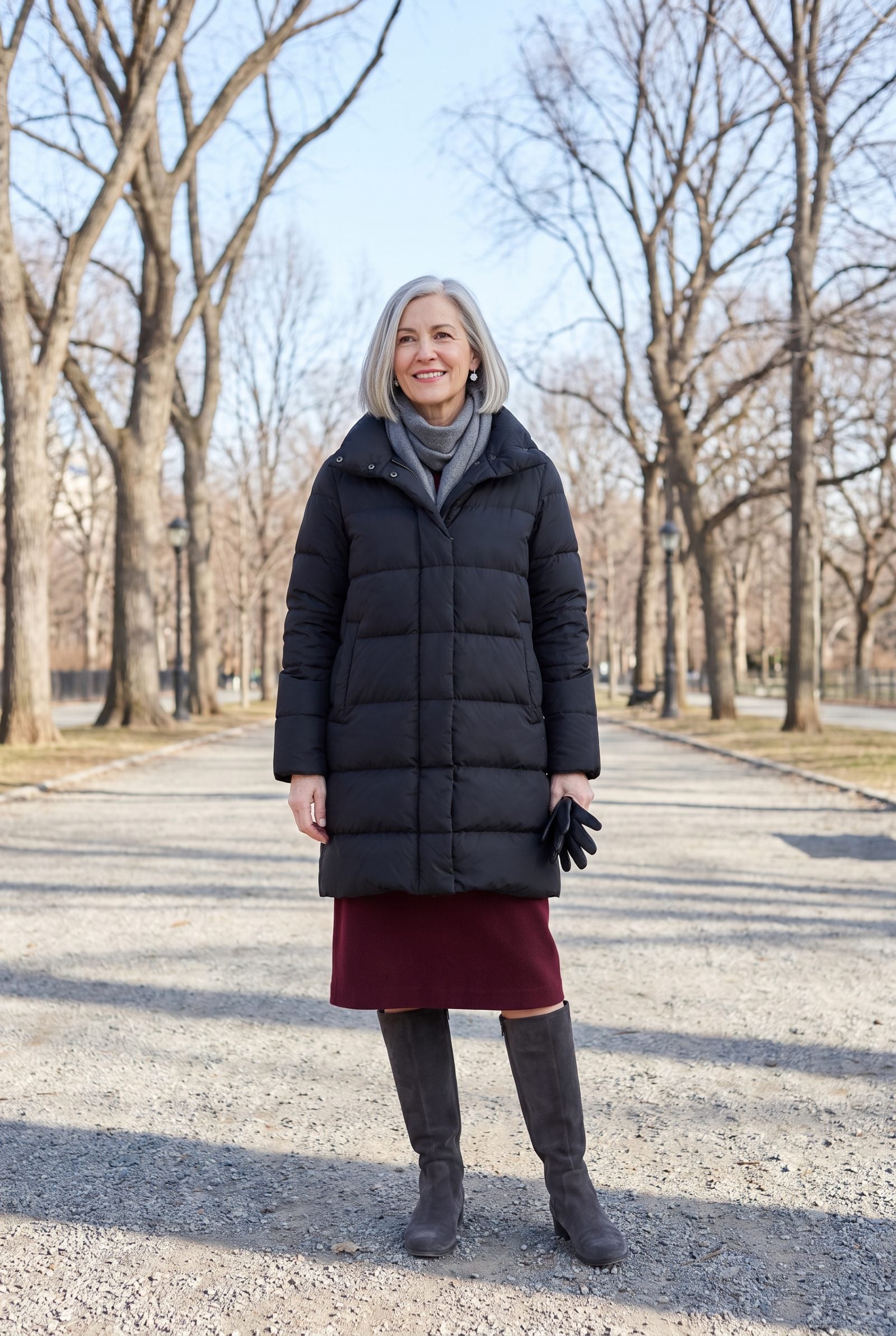 Woman in a black puffer coat, burgundy midi dress and charcoal suede knee-high boots, with a two-inch sliver of dress