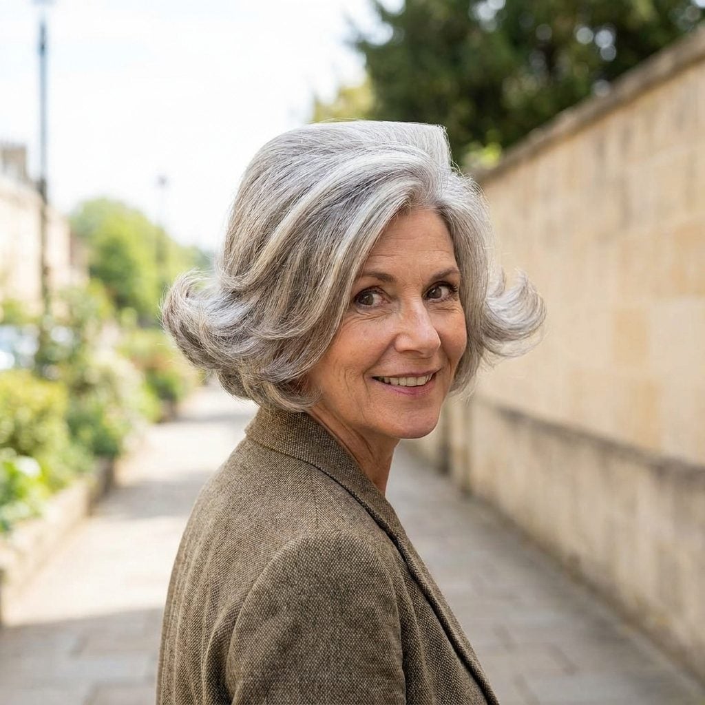 Woman in a navy blazer with a bob wider at the ears than at the crown, flat on top.