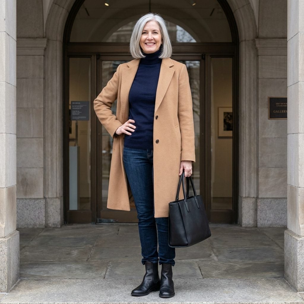 Woman in dark slim jeans and navy turtleneck with black Chelsea ankle boots, elastic side gussets puckering at the ankle.