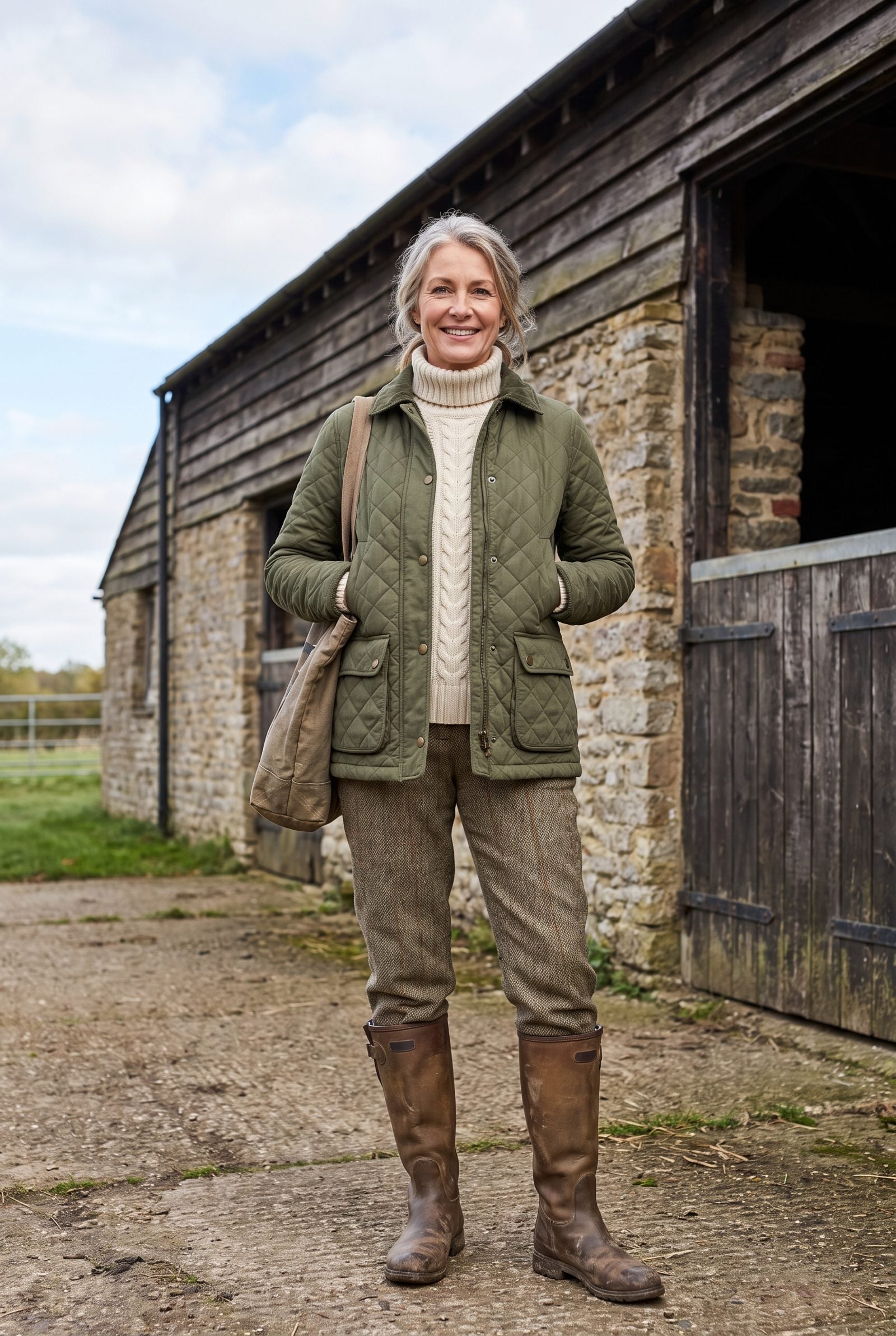 Quilted Barn Jacket Over a Turtleneck and Wool-Look Trousers