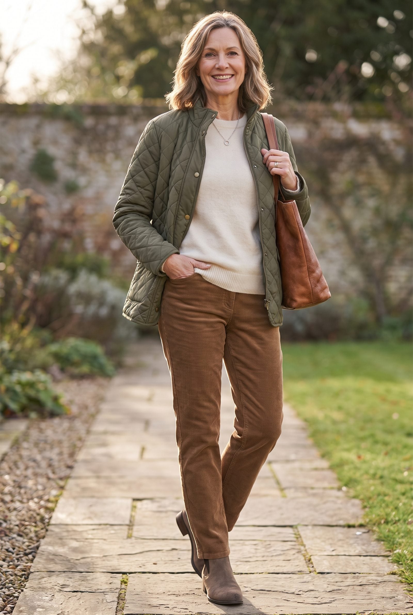 Quilted Jacket Over a Cashmere-Look Sweater and Corduroy Pants