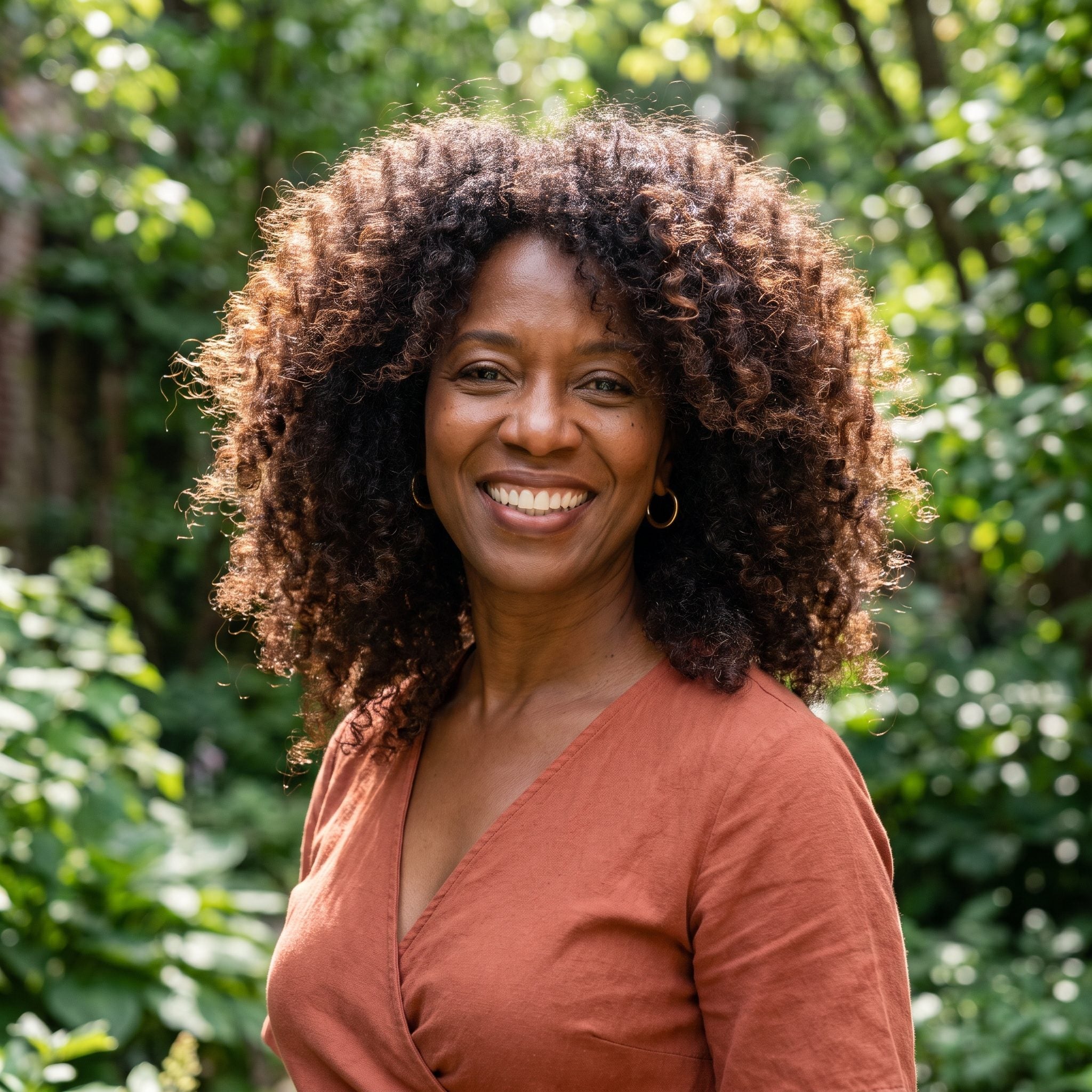 Woman with dark curly hair showing a frizzy halo at the razored layered ends where curls lose definition and split into