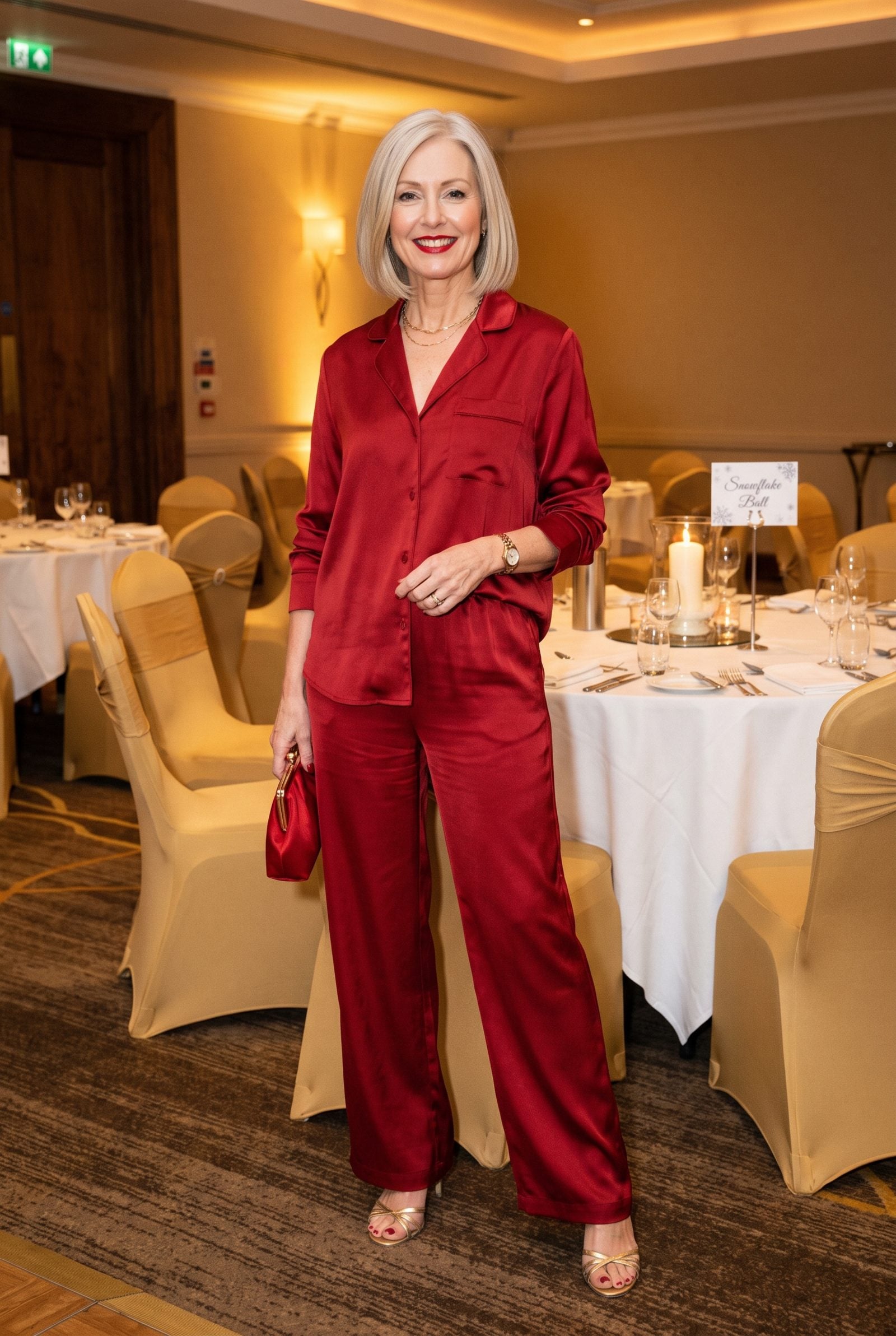 The Red Satin Pajama Set Presented as Eveningwear