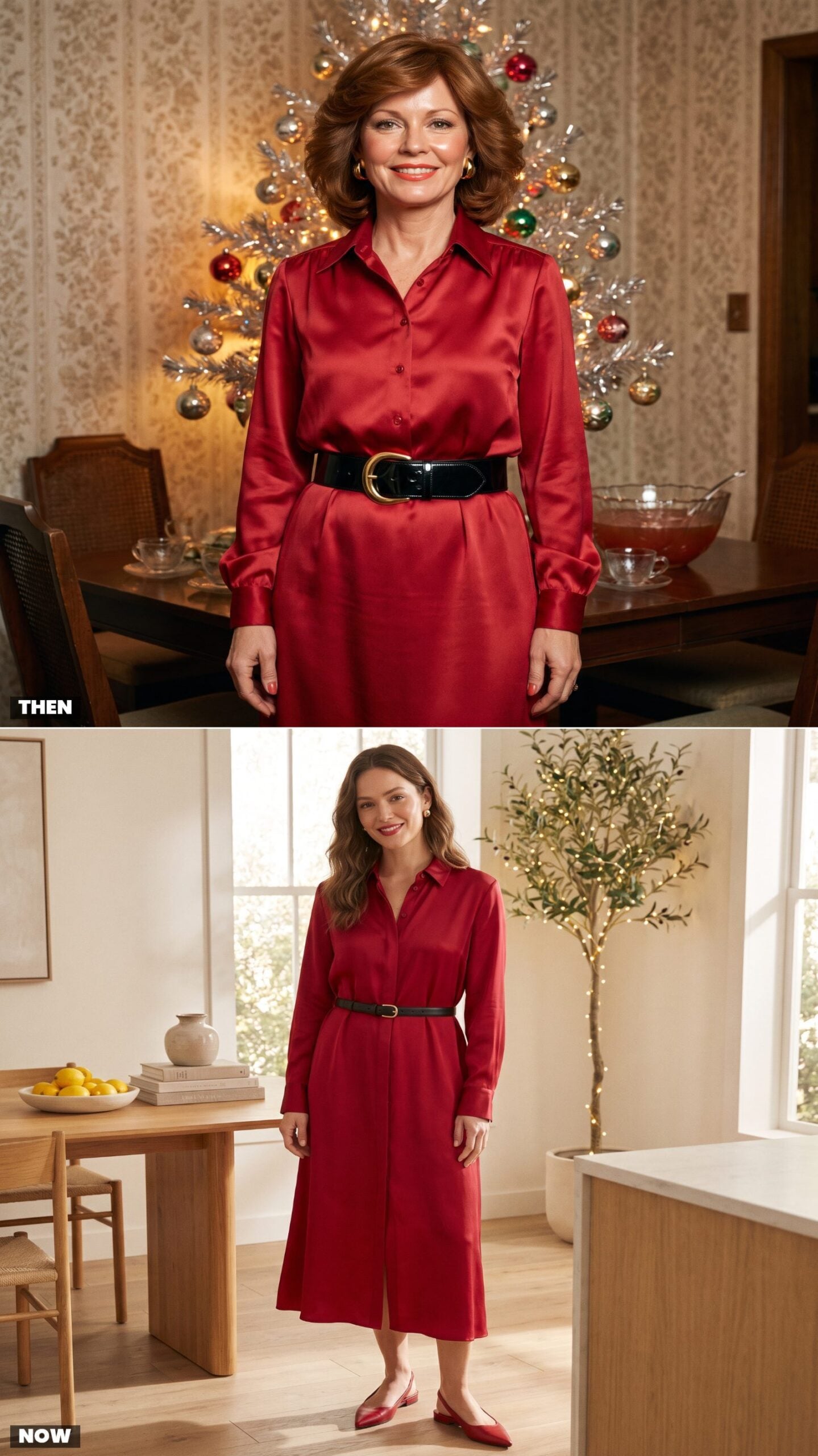 The Red Satin Shirt Dress With a Wide Patent Belt