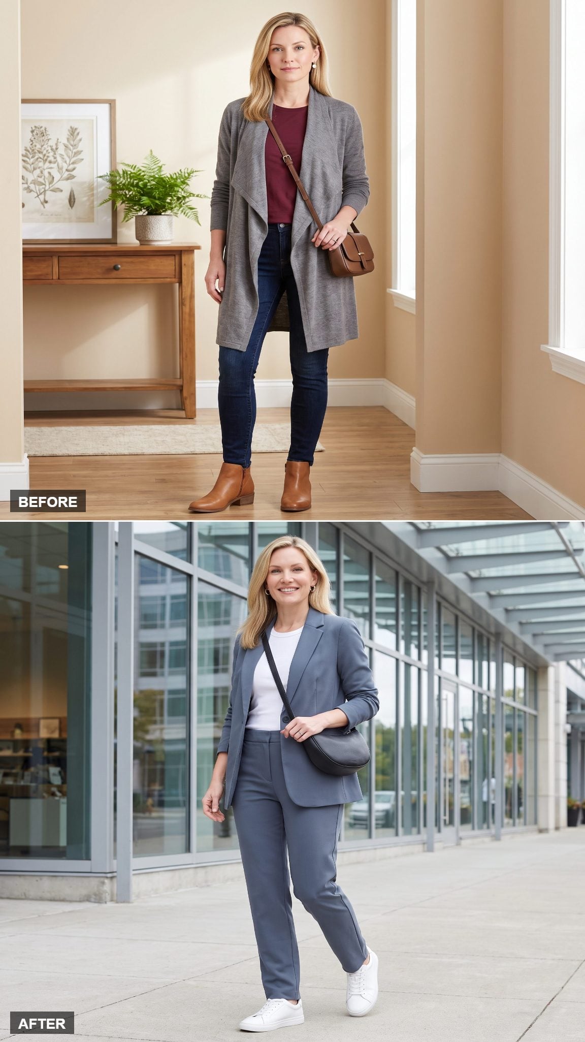 A Relaxed Suit She Can Actually Move In, with Sneakers