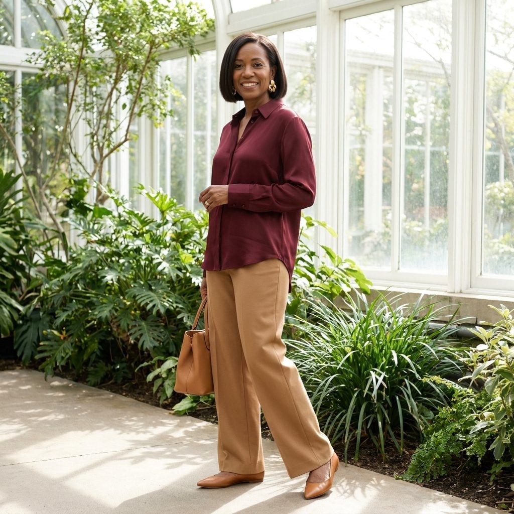 Woman in a burgundy silk blouse and camel trousers with short hair pressed rigidly sleek from heavy heat styling.