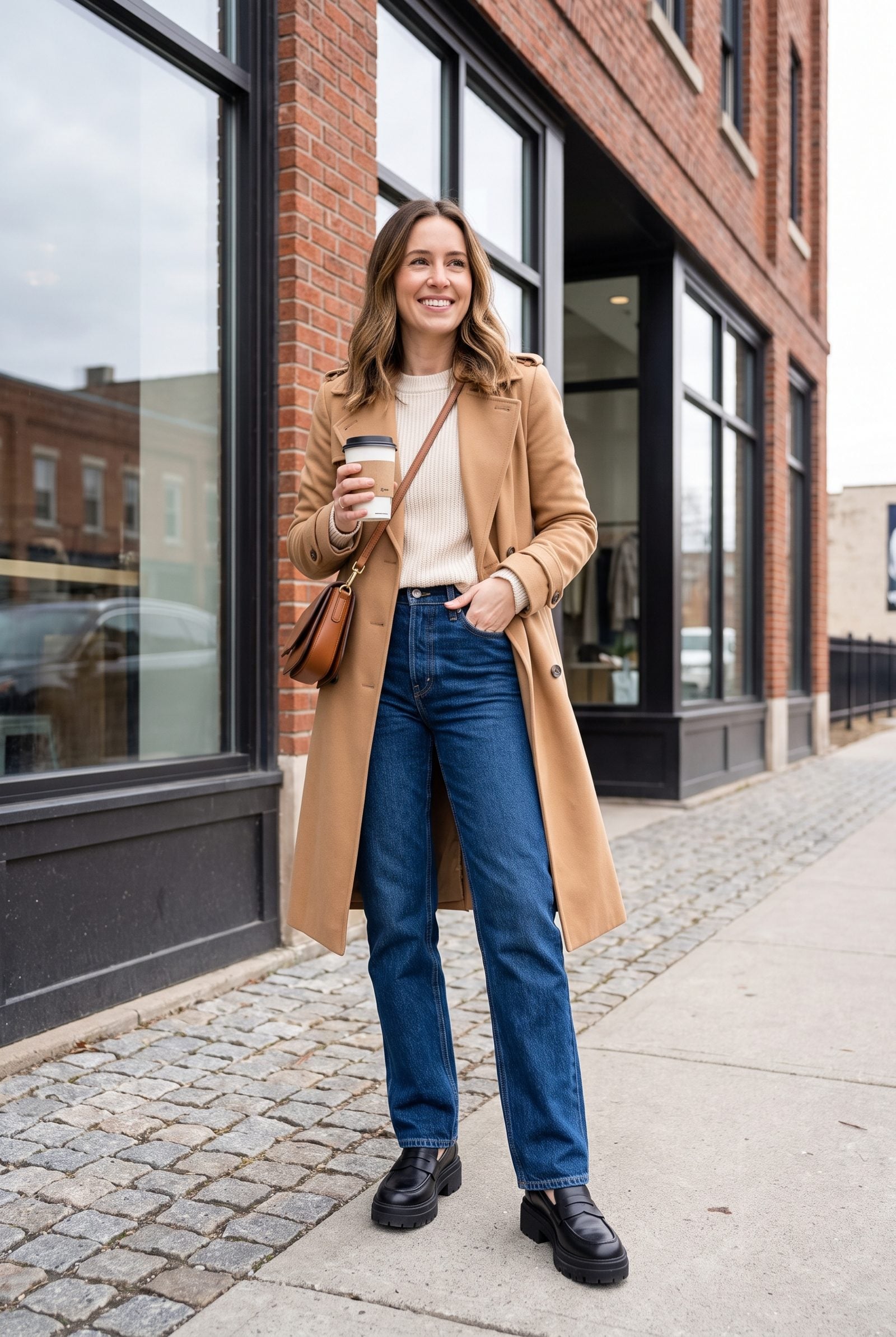 Rigid Straight Jeans Stacked Over Platform Lug-Sole Loafers