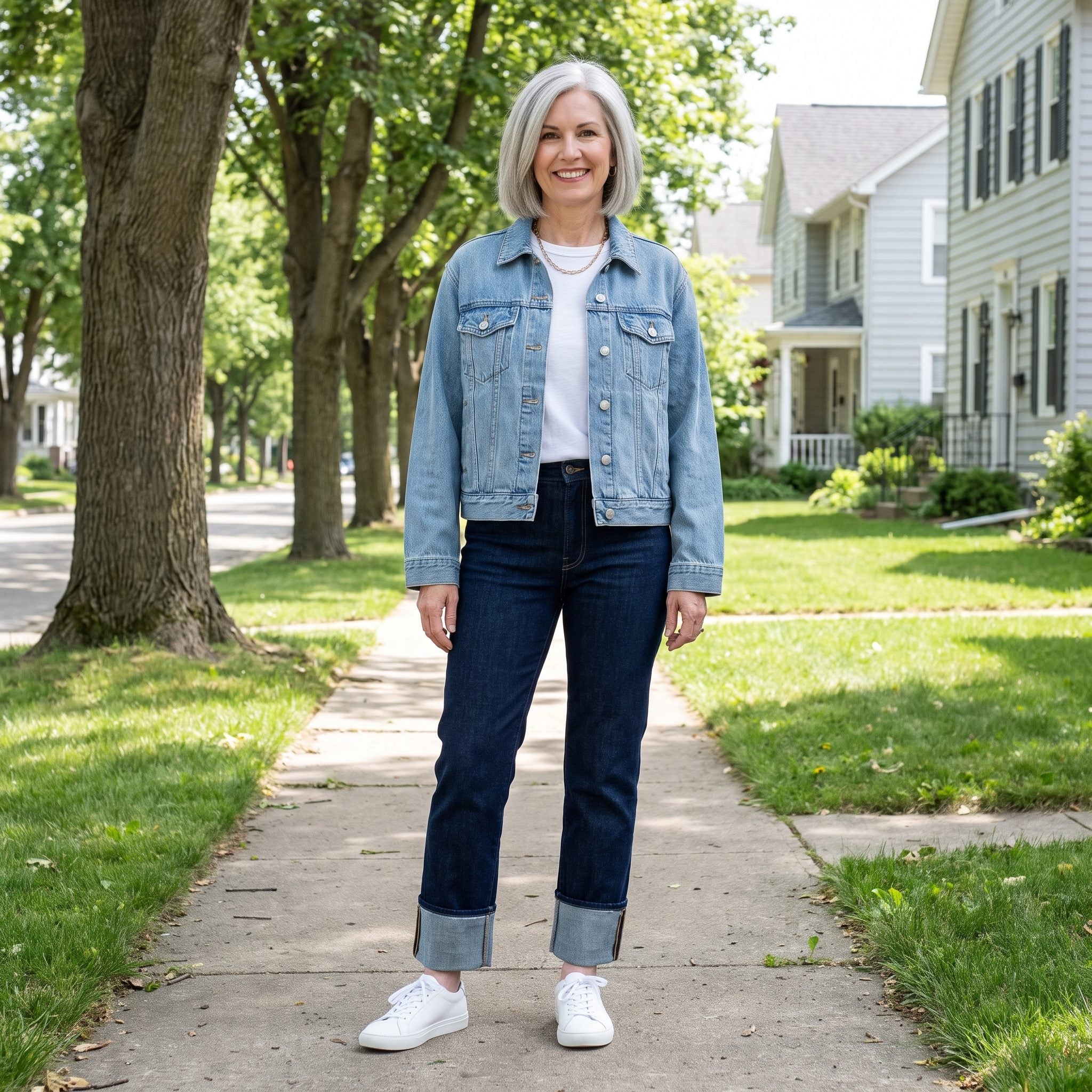 American woman in a boxy light denim jacket with straight sleeves and dark jeans with thick precise double cuffs.