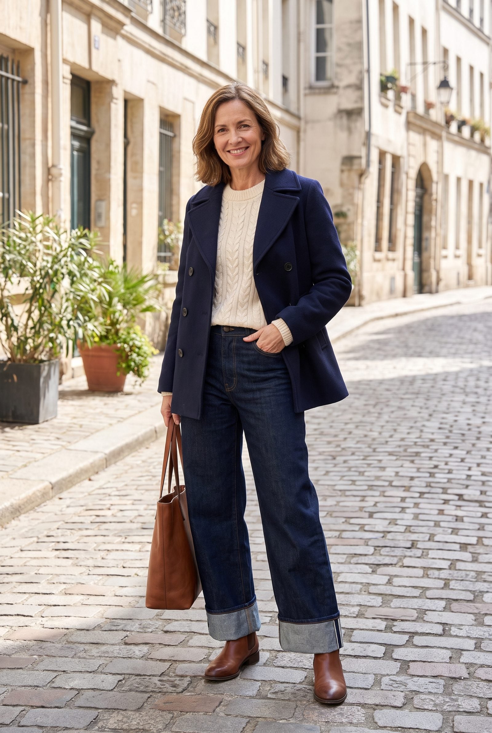 Woman in mid-wash flared jeans and camel coat, rolled flare bulging into a wide ring above black ankle boots.