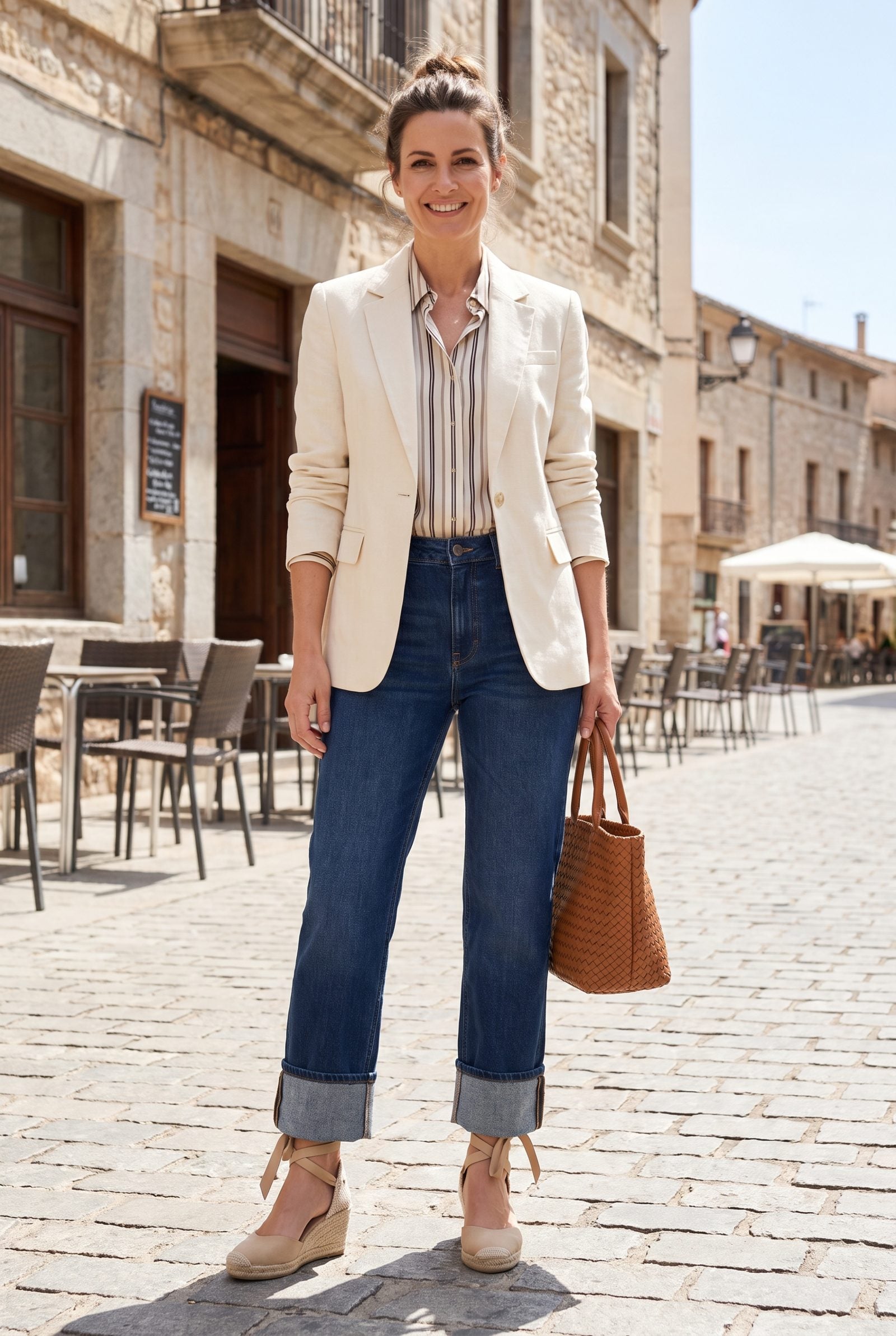 Woman in light-wash rolled jeans, rust linen shirt, and tan ankle-wrap sandals, with the denim cuff sitting over the sandal