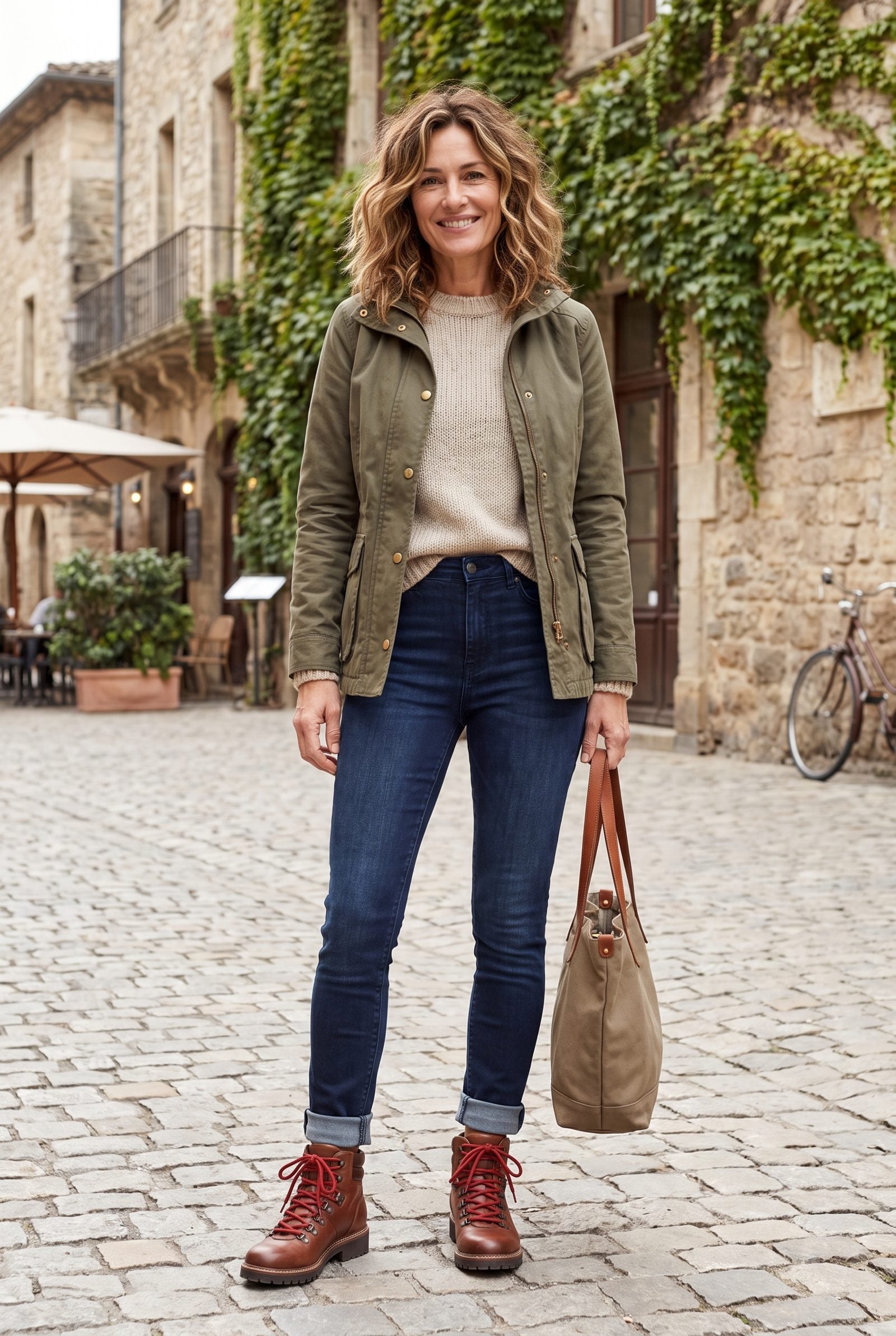 Woman in mid-blue skinny jeans cuffed into a chunky roll above brown lace-up hiking booties.