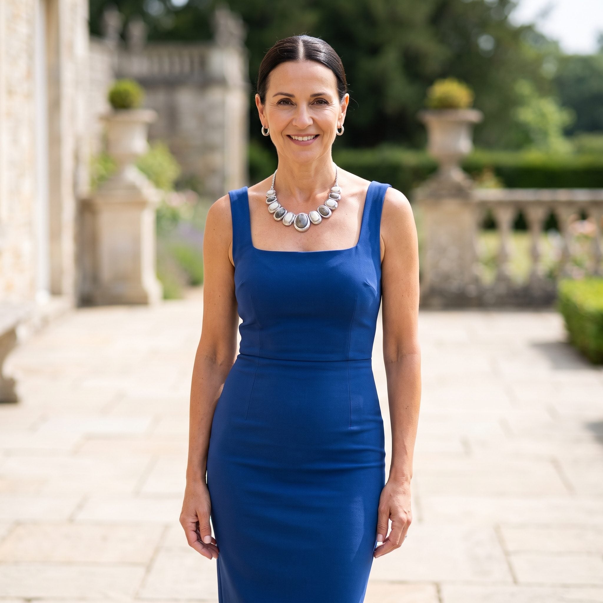 Woman in a sapphire-blue square-neck dress with a large round circular necklace conflicting with the straight neckline.