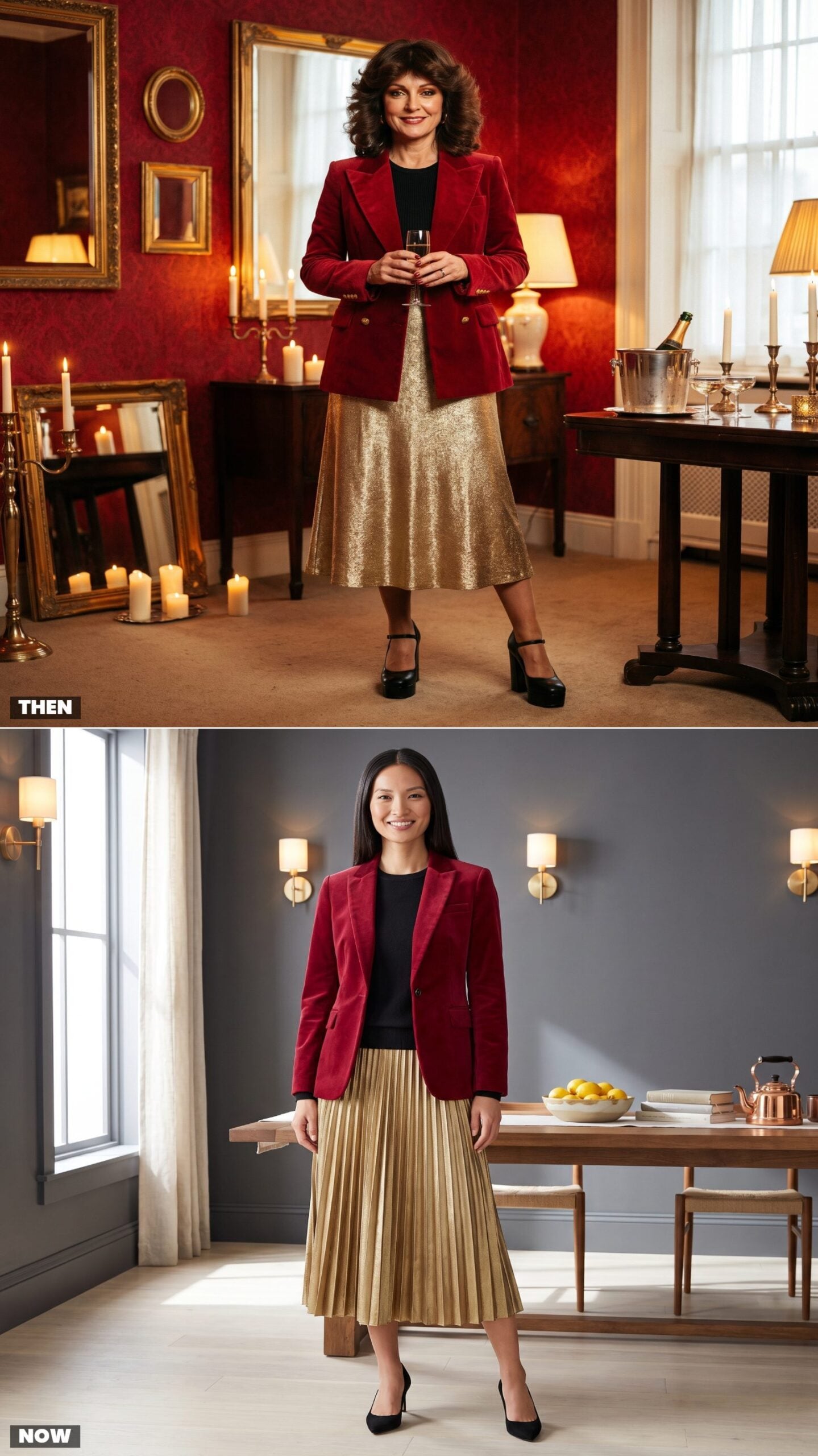 The Ruby Velvet Blazer With a Metallic Midi Skirt
