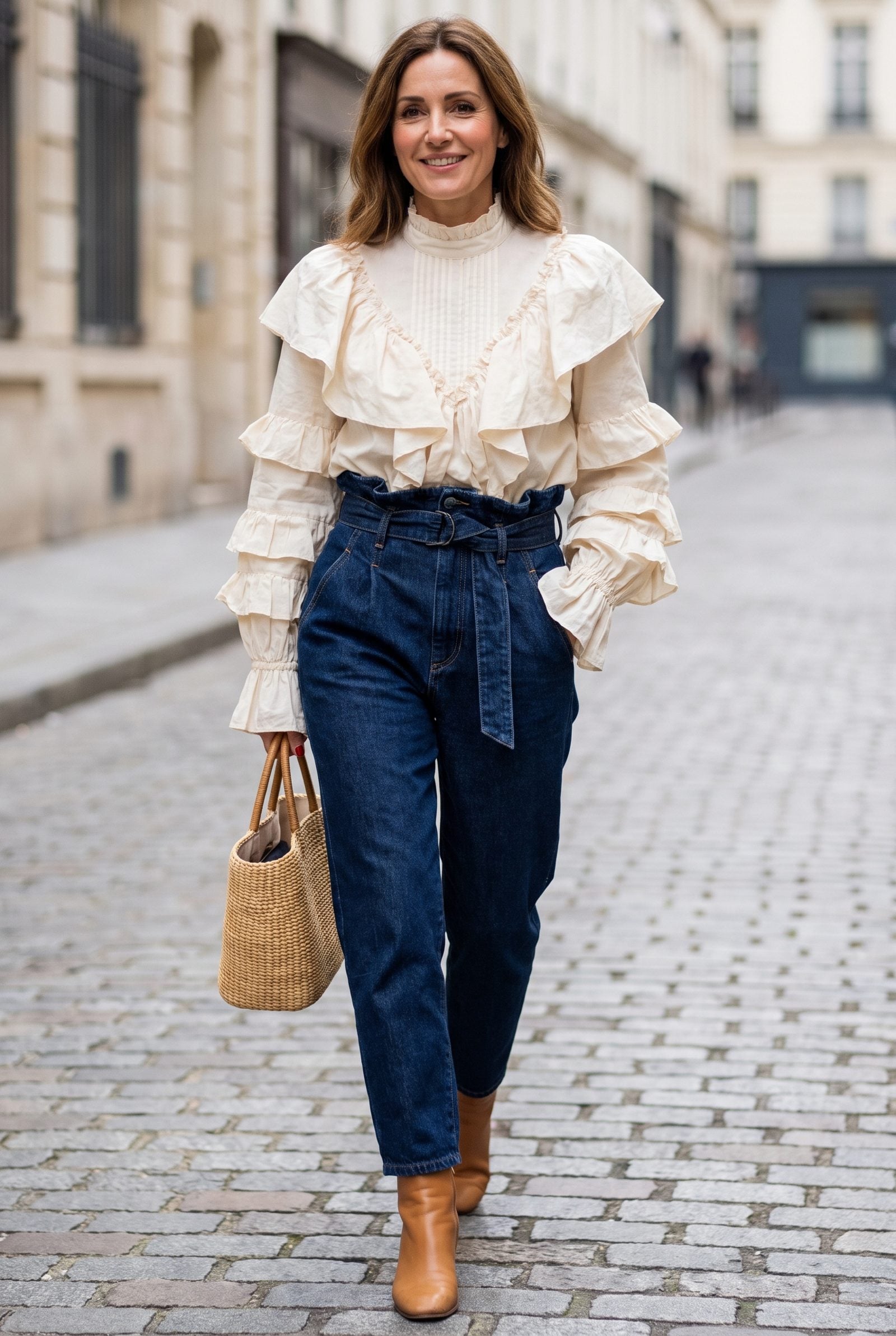 Woman in a ruffled cream blouse tucked into gathered paperbag-waist jeans, the ruffles and waistband gathers doubling up