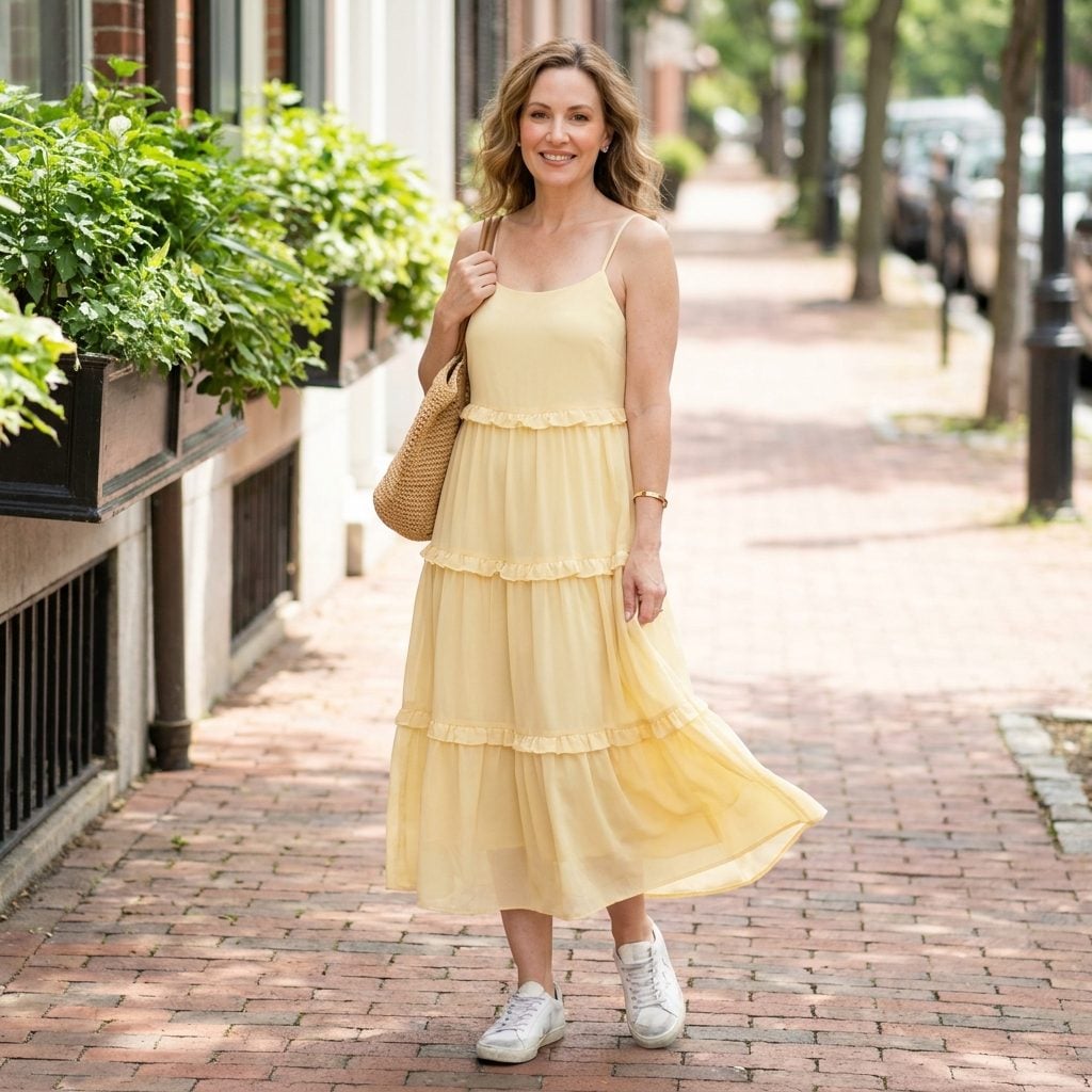 Woman in a butter-yellow ruffled georgette sundress with scuffed low-top white court sneakers.