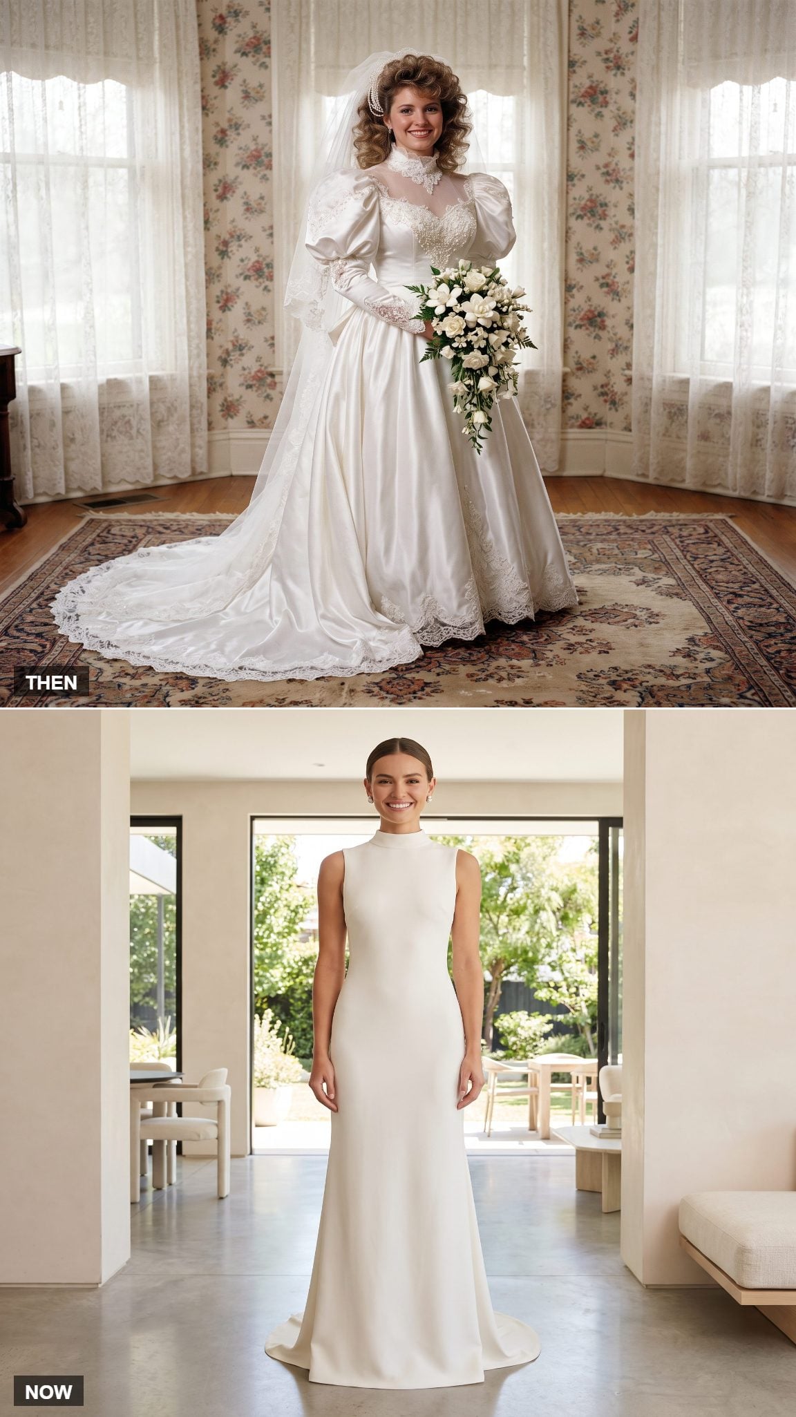 Ruffled High-Collar Gown to Minimal Mock-Neck Column