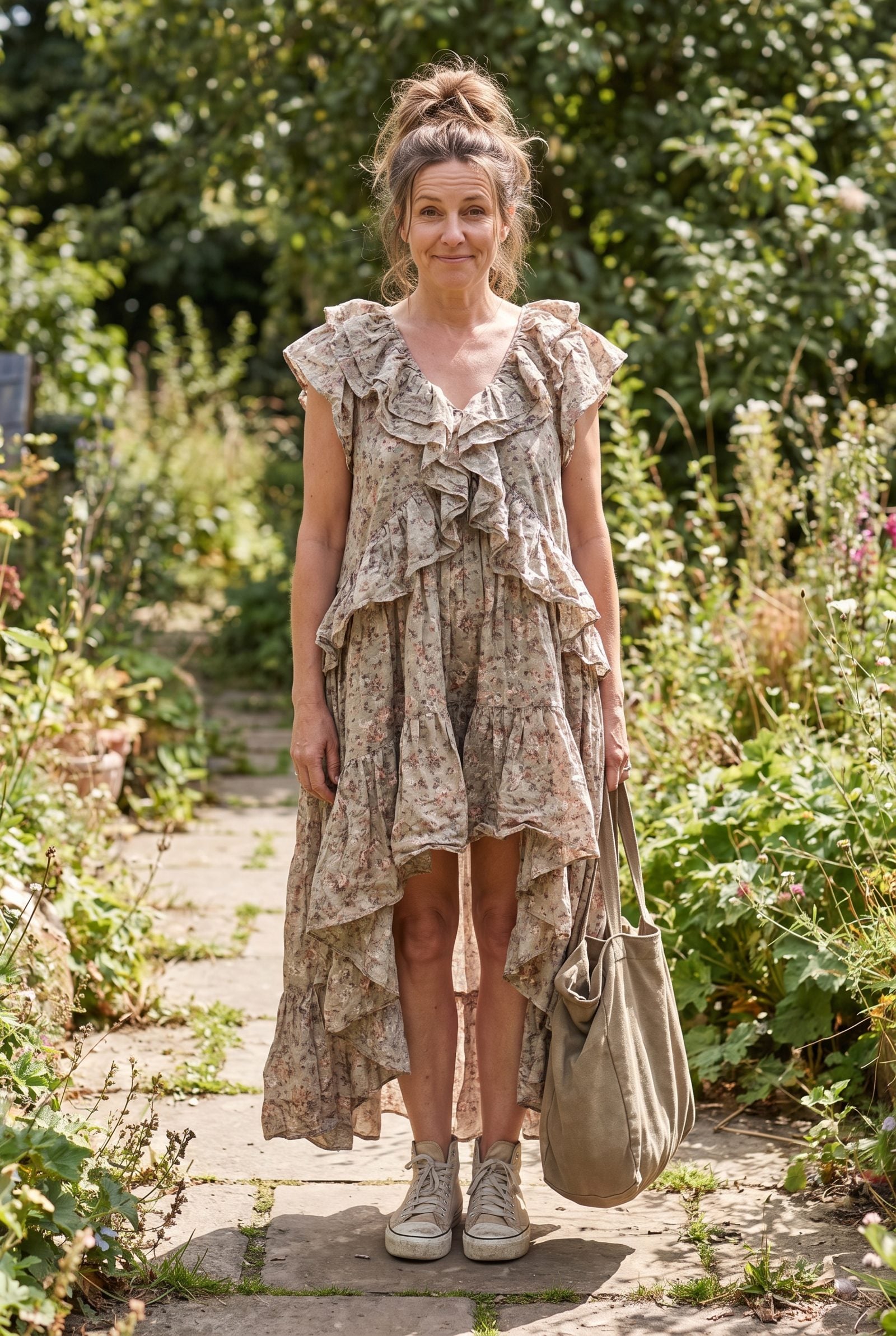 Woman in a floral high-low ruffled dress with chunky 2.5-inch platform trainers.