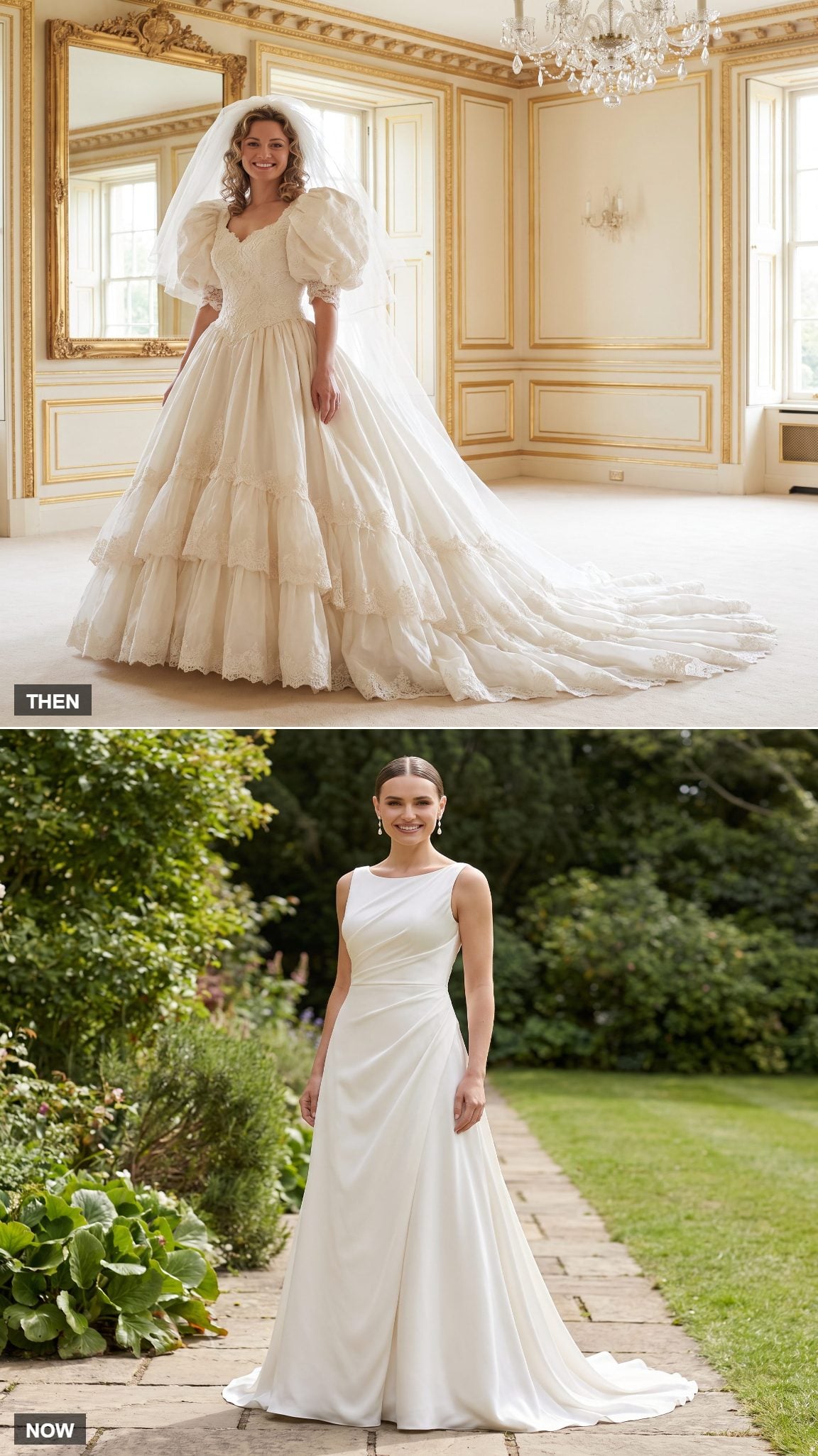 Ruffled Lace Ball Gown → Fluid Draped A-Line