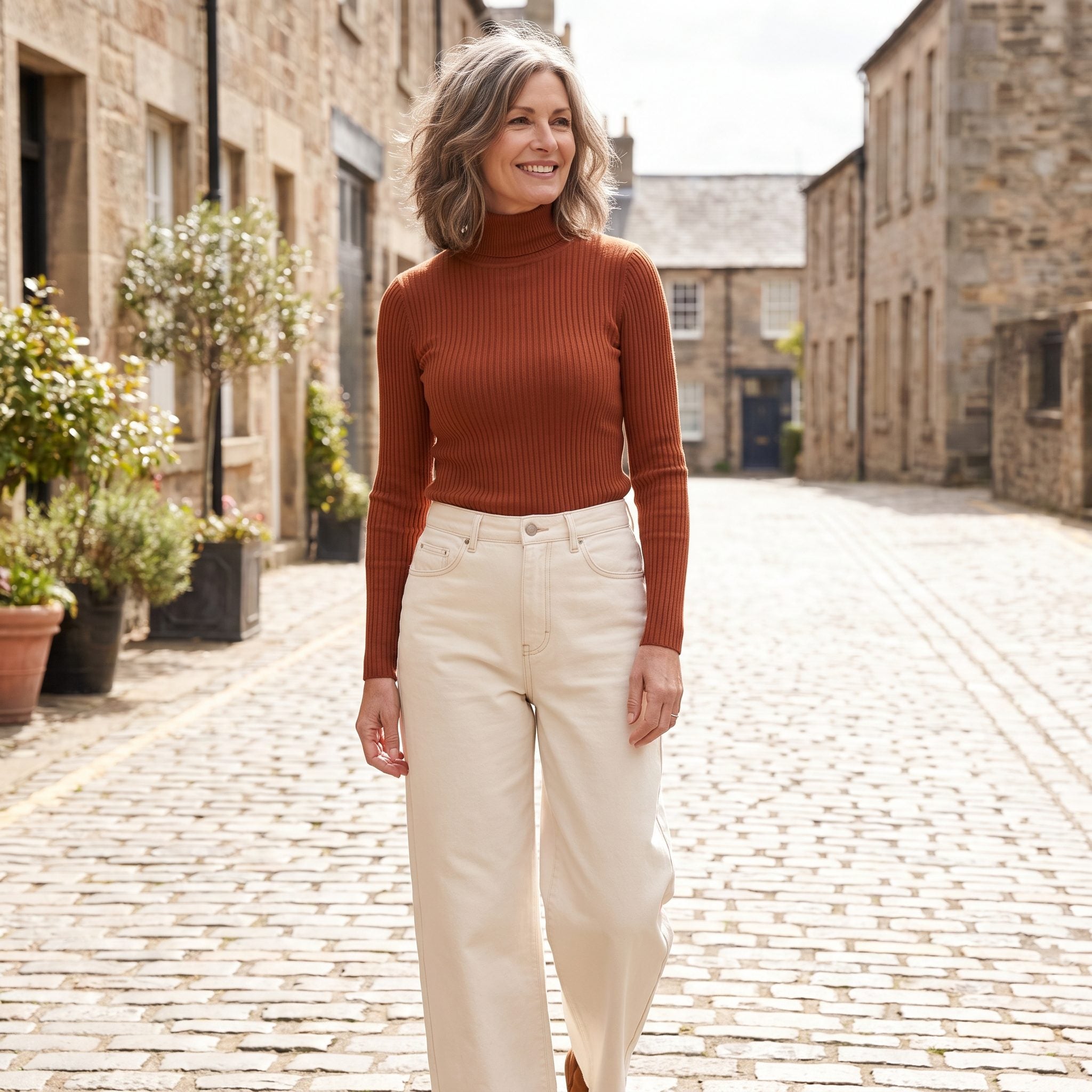 Rust Turtleneck With Barrel-Leg Ecru Jeans