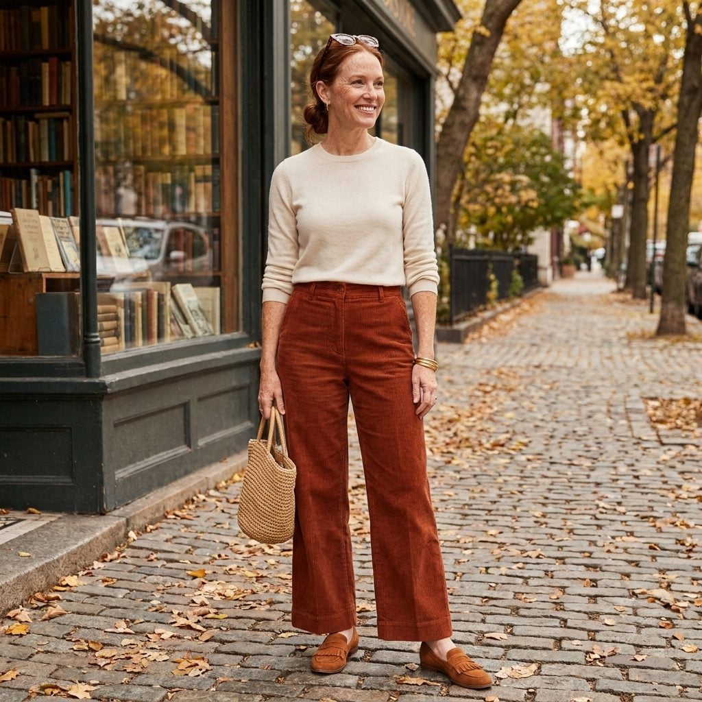 Rust Wide-Leg Corduroy + Cognac Suede Fringed Loafers