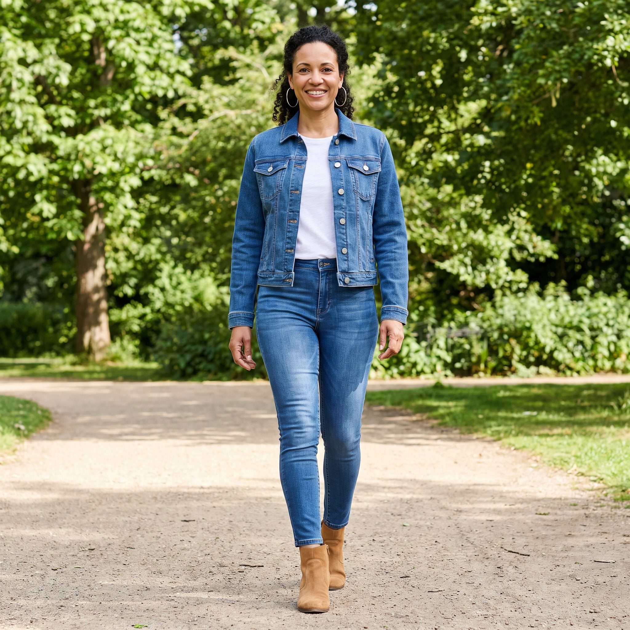 American woman in a matte mid-blue denim jacket and same-blue stretch skinny jeans with a visible sheen on the legs.