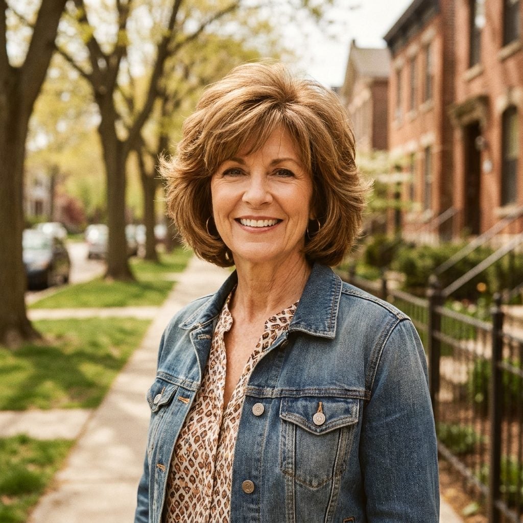 Woman with a heavily graduated stacked bob in a late-1990s shape that no longer suits her finer hair.