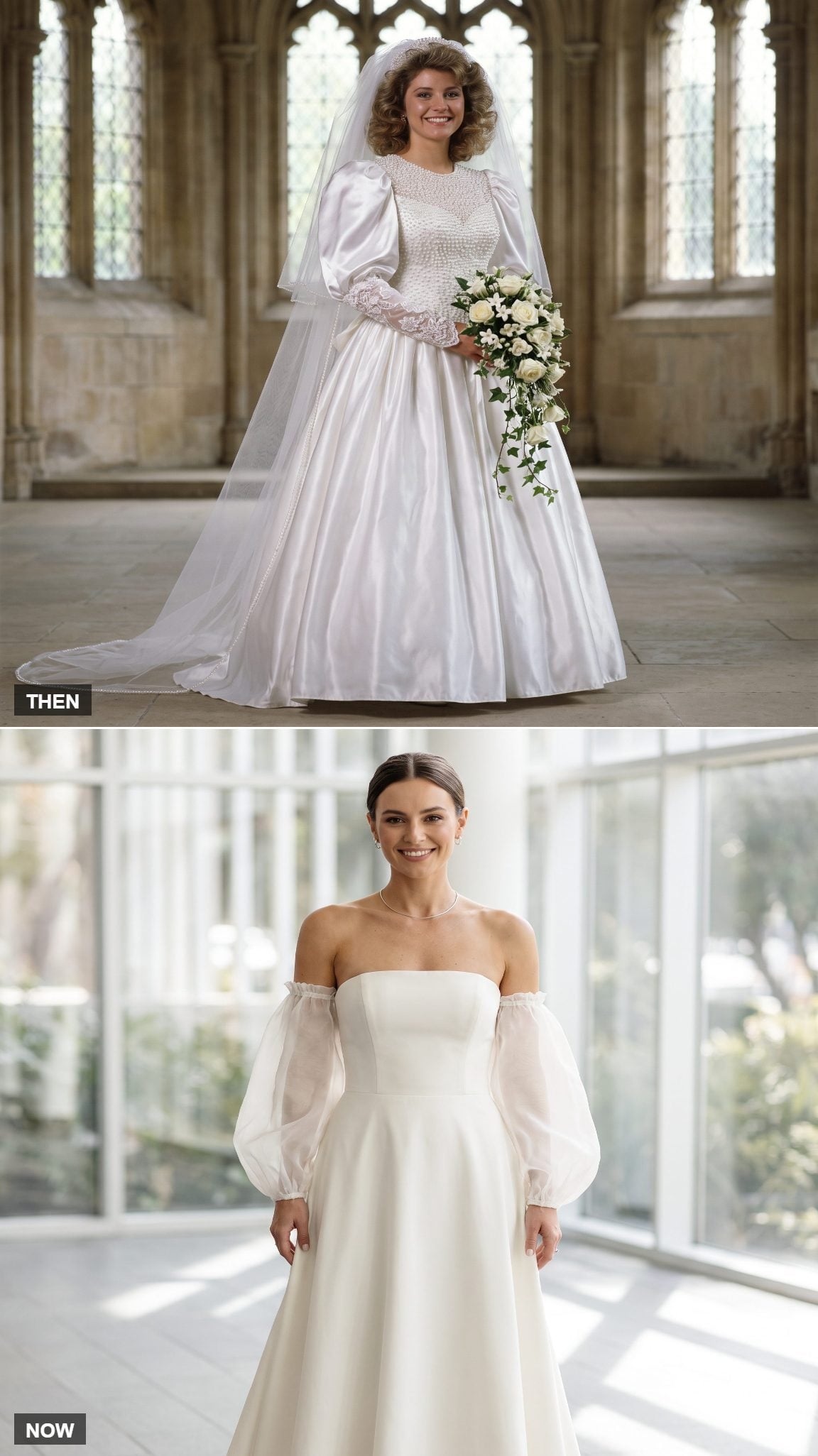 Satin Bishop-Sleeve Gown to Detachable-Sleeve Minimal