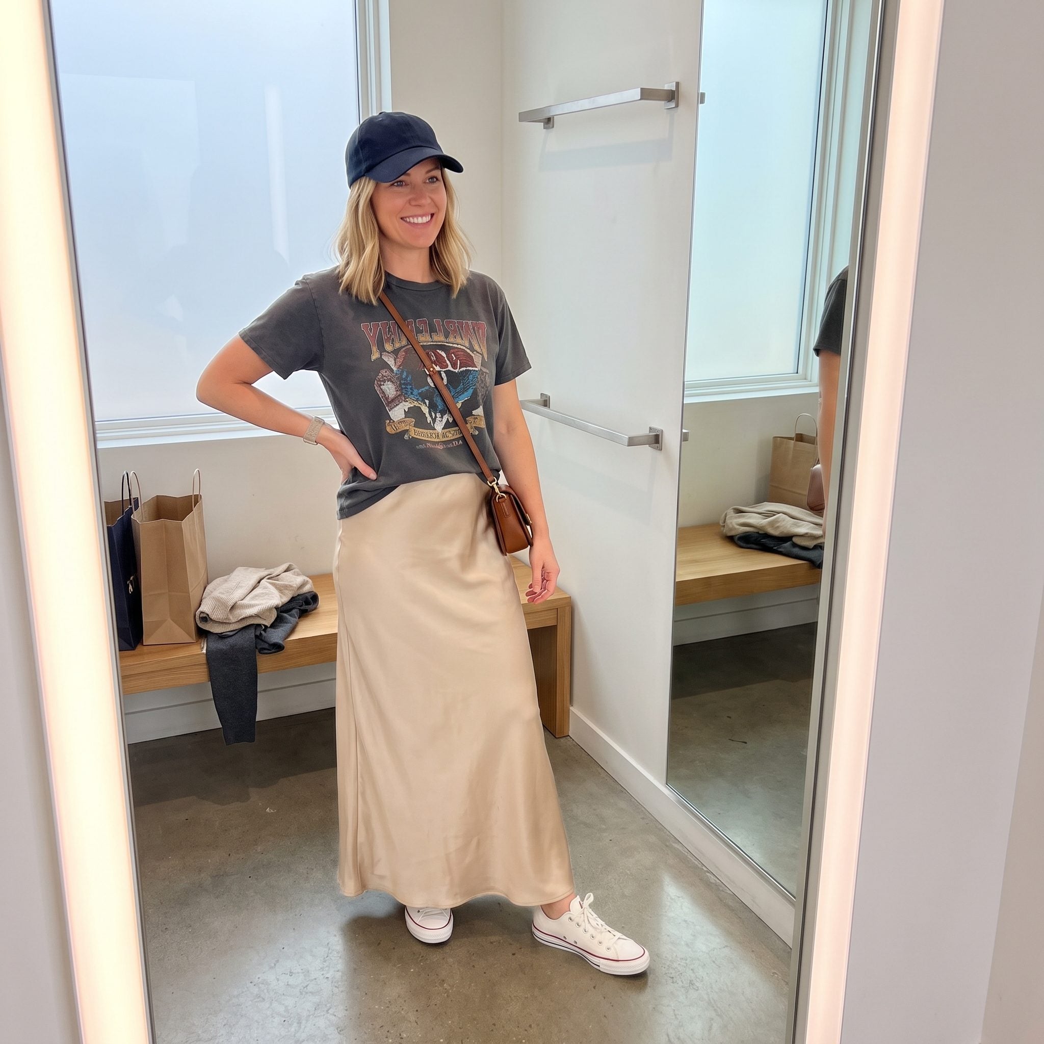 Satin Maxi Skirt + Graphic Tee + Baseball Cap