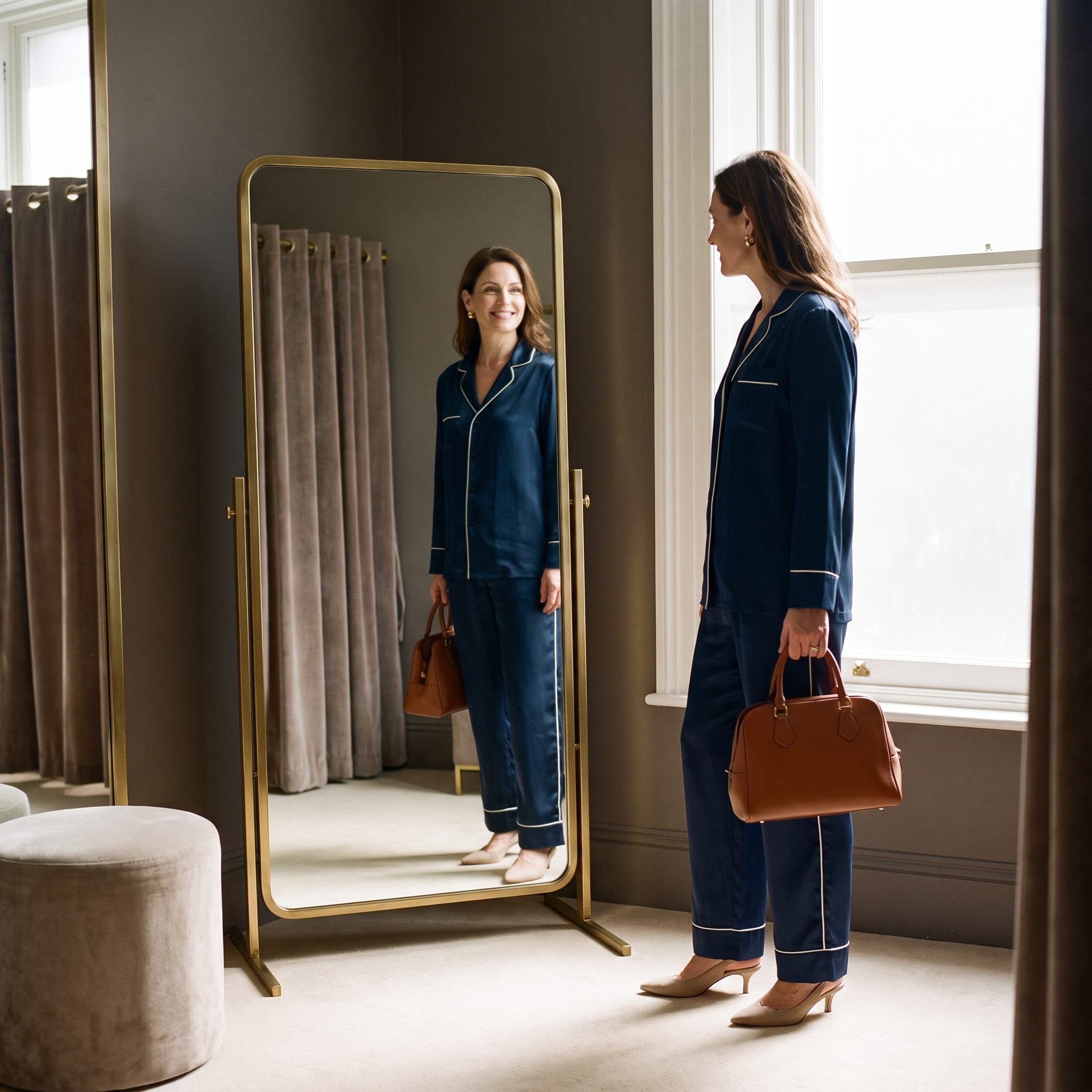 Satin Pajama Suit + Structured Handbag