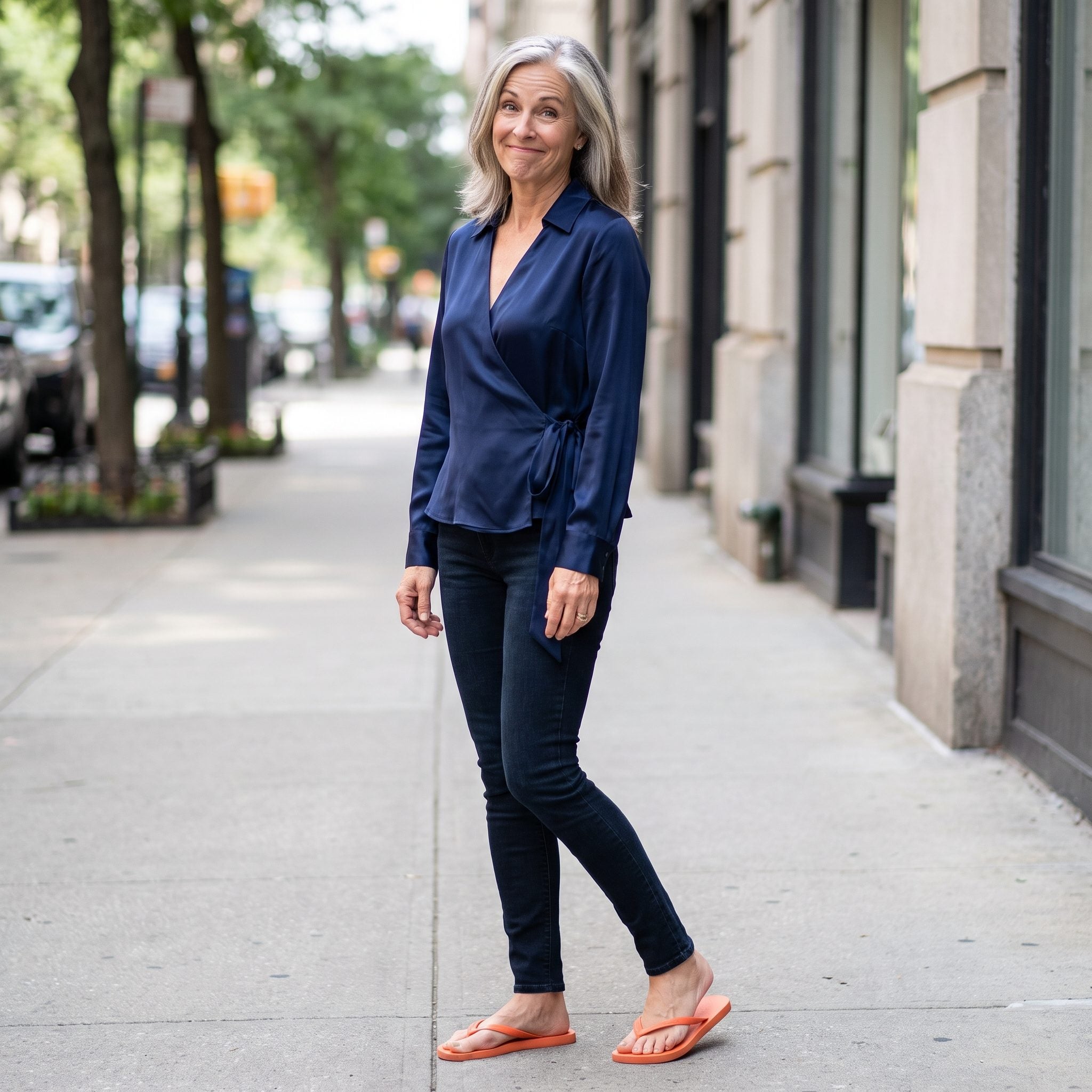 Woman in a champagne satin wrap blouse and dark skinny jeans wearing plain rubber flip-flops.