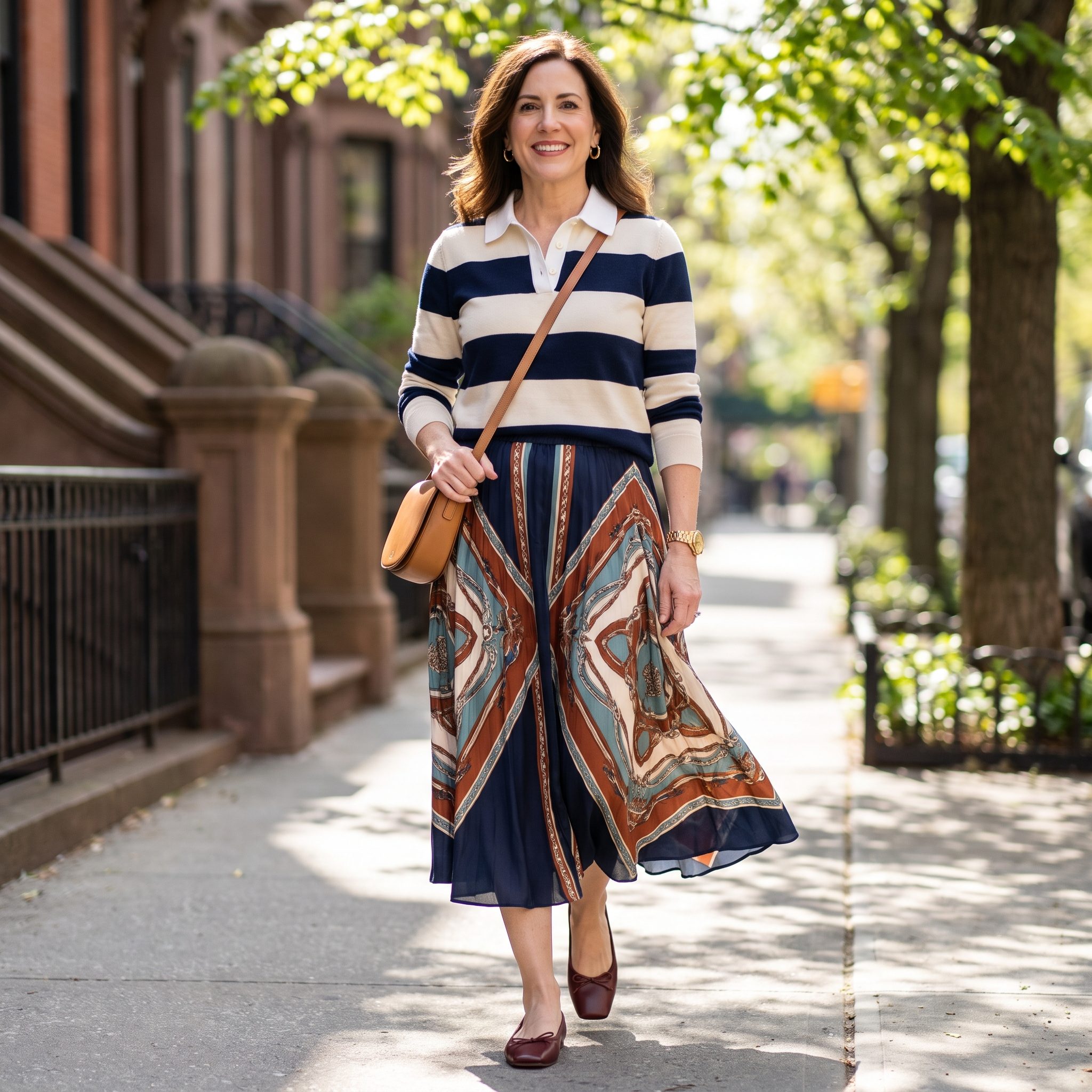 Scarf-Print Midi + Modern Rugby Shirt