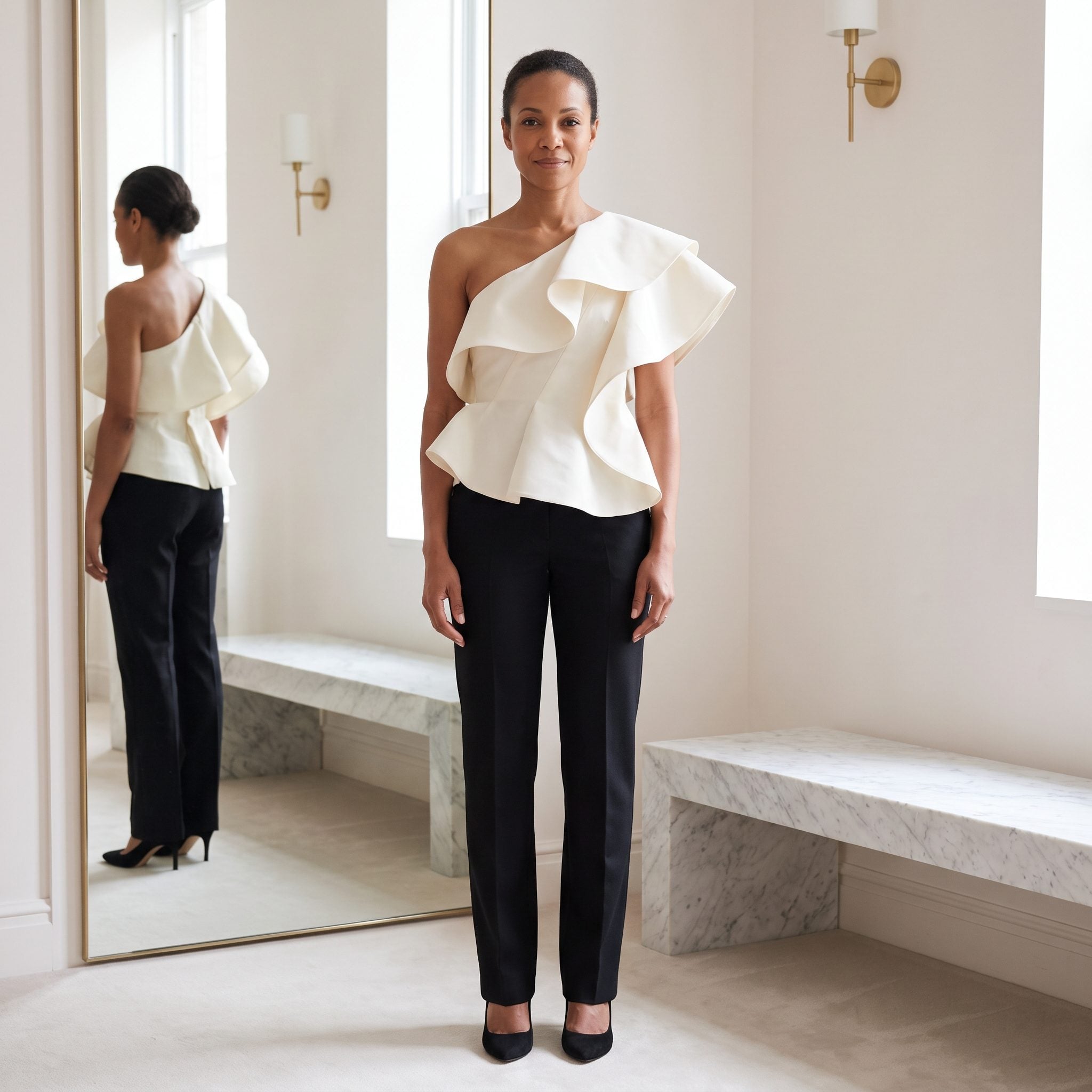 Sculptural Ruffle Top + Minimal Black Trousers