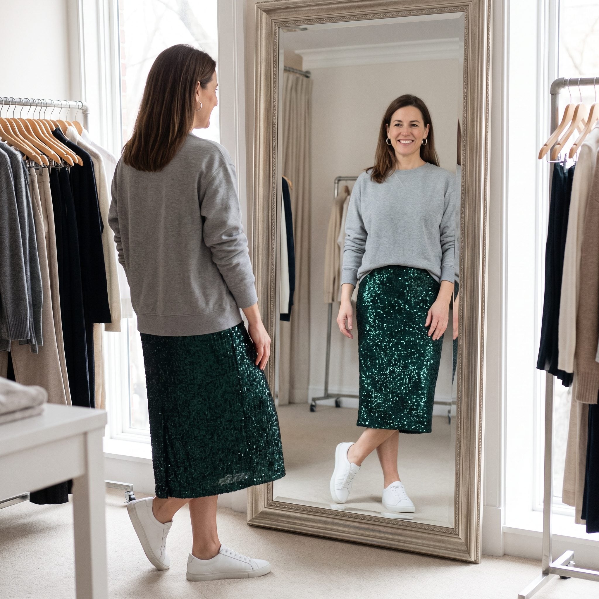 Sequin Midi Skirt + Chunky Gray Sweatshirt