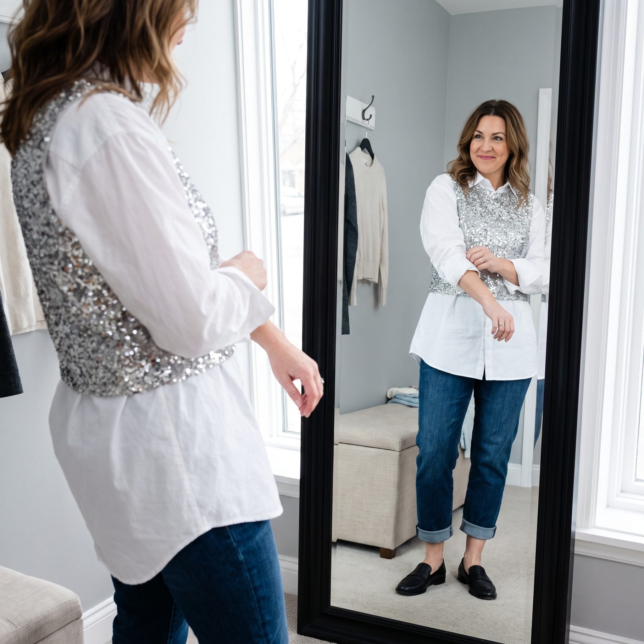 Sequin Tank Over White Button-Down + Jeans