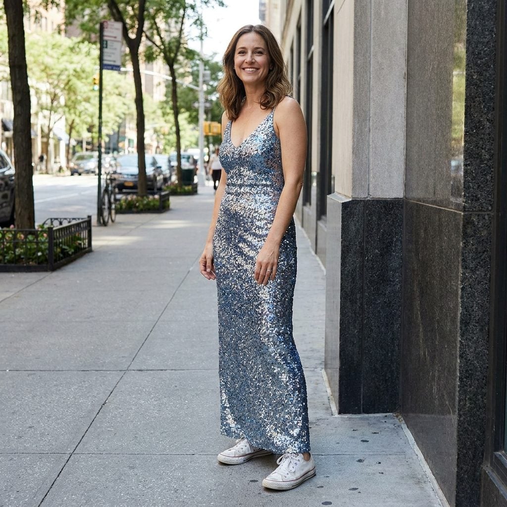 Woman in a champagne sequined party dress wearing plain flat white canvas tennis sneakers.