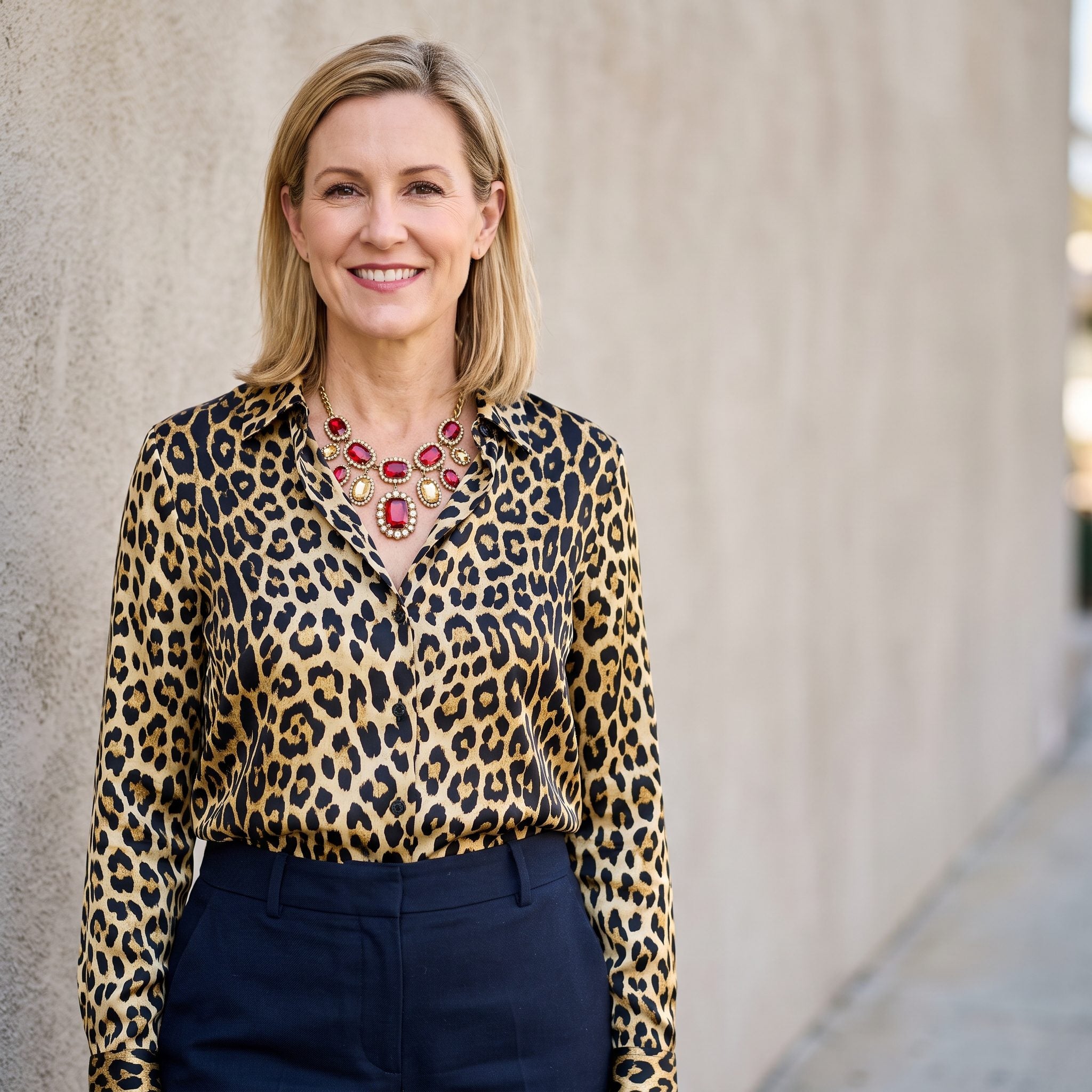 Woman in a leopard-print blouse with a large red-and-gold gemstone necklace resting on the busy print.