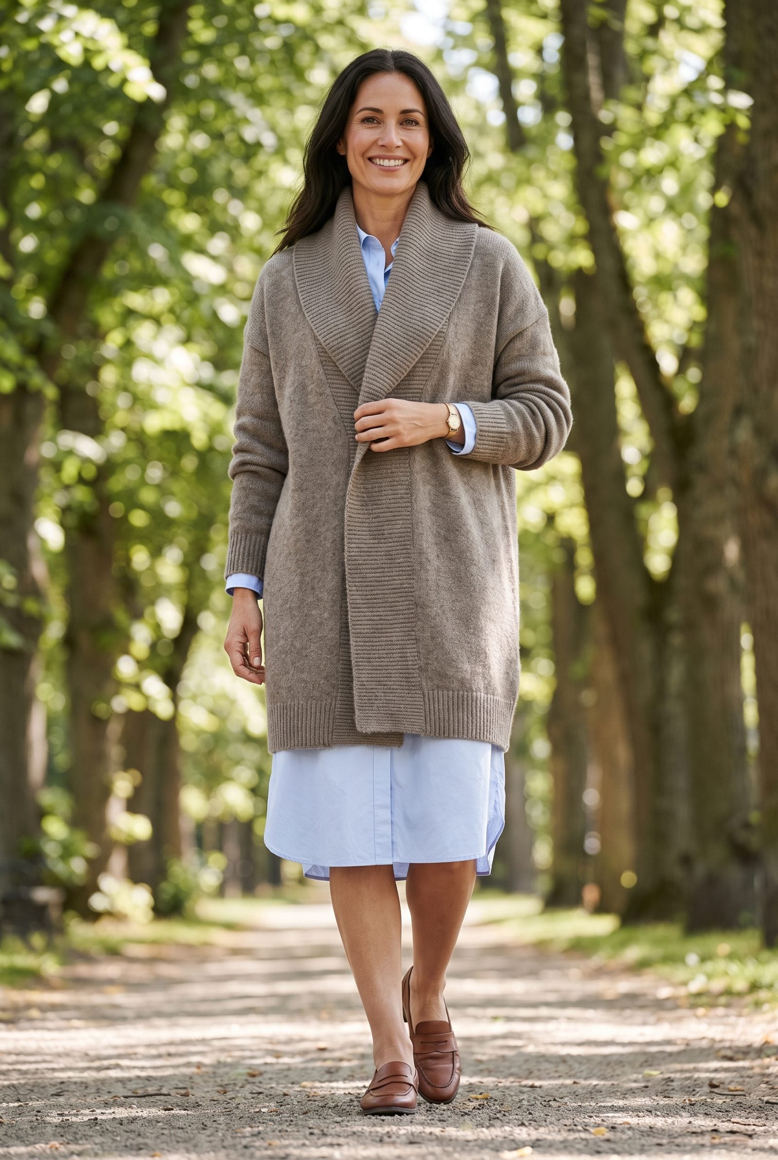 Woman in a pale blue belted shirtdress under a taupe shawl-collar cardigan whose rolled collar covers the shirt collar and